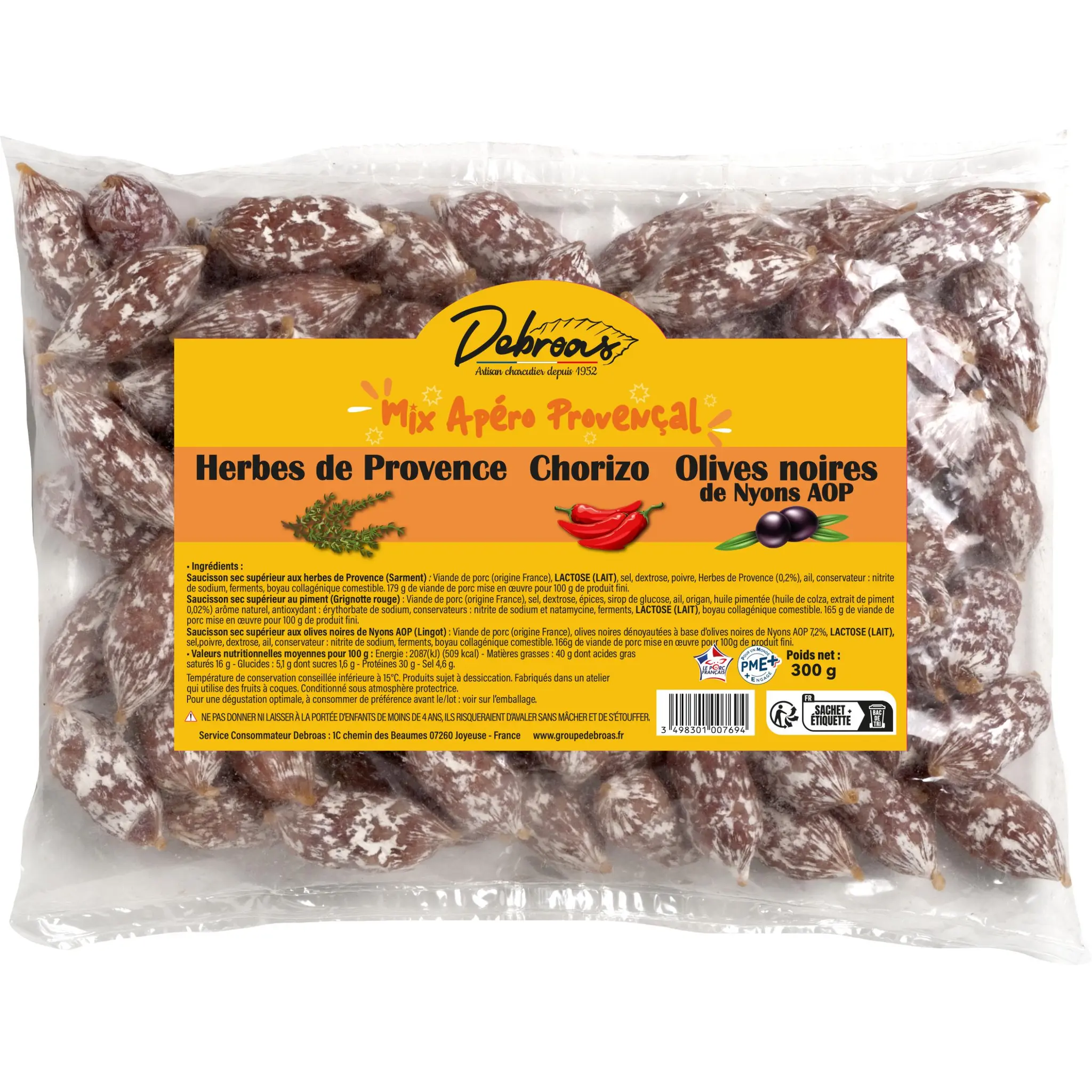 DEBROAS Mix Apéro Provençal, Herbes de Provence, Chorizo, Olives noires de Nyons AOP