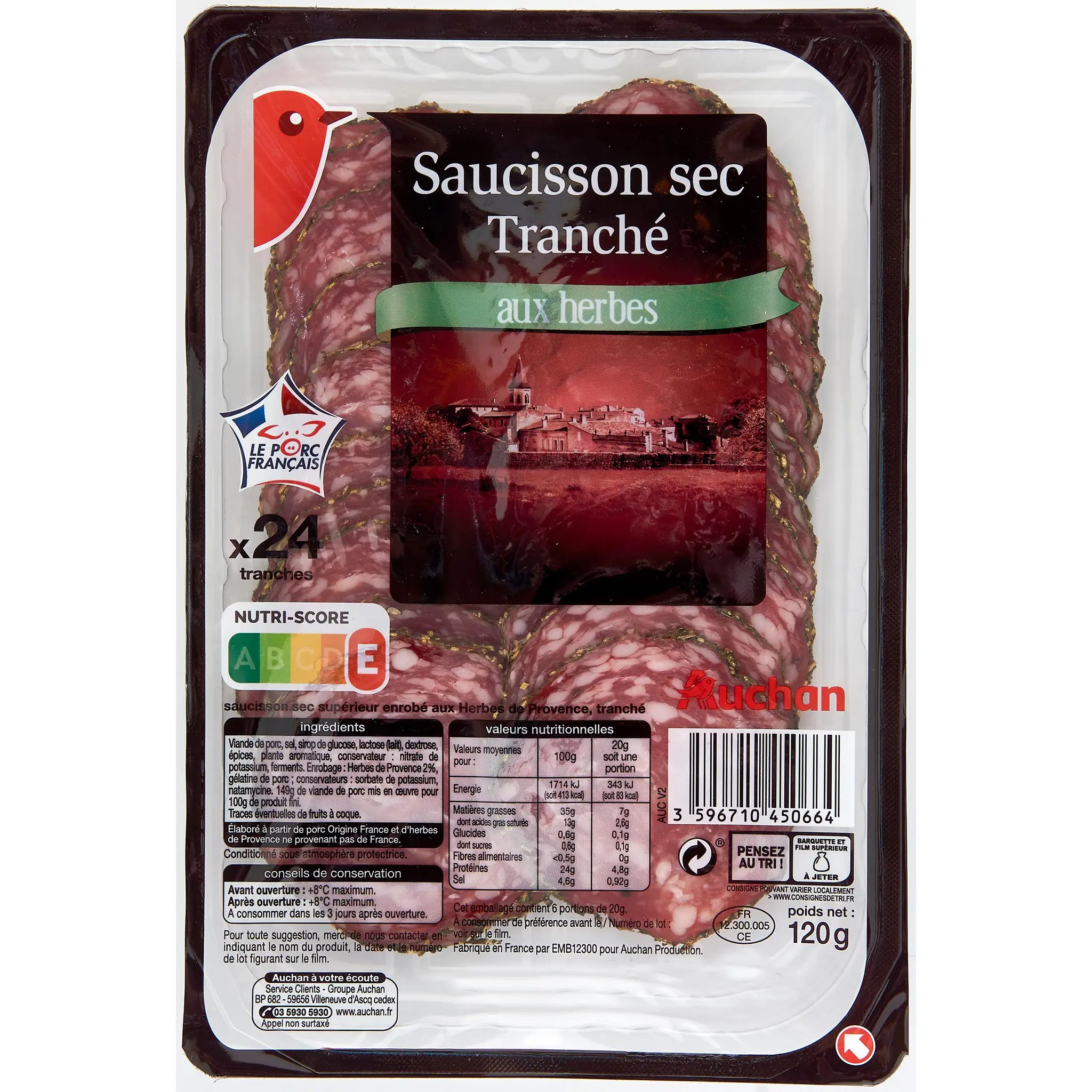 AUCHAN Saucisson sec tranché aux herbes