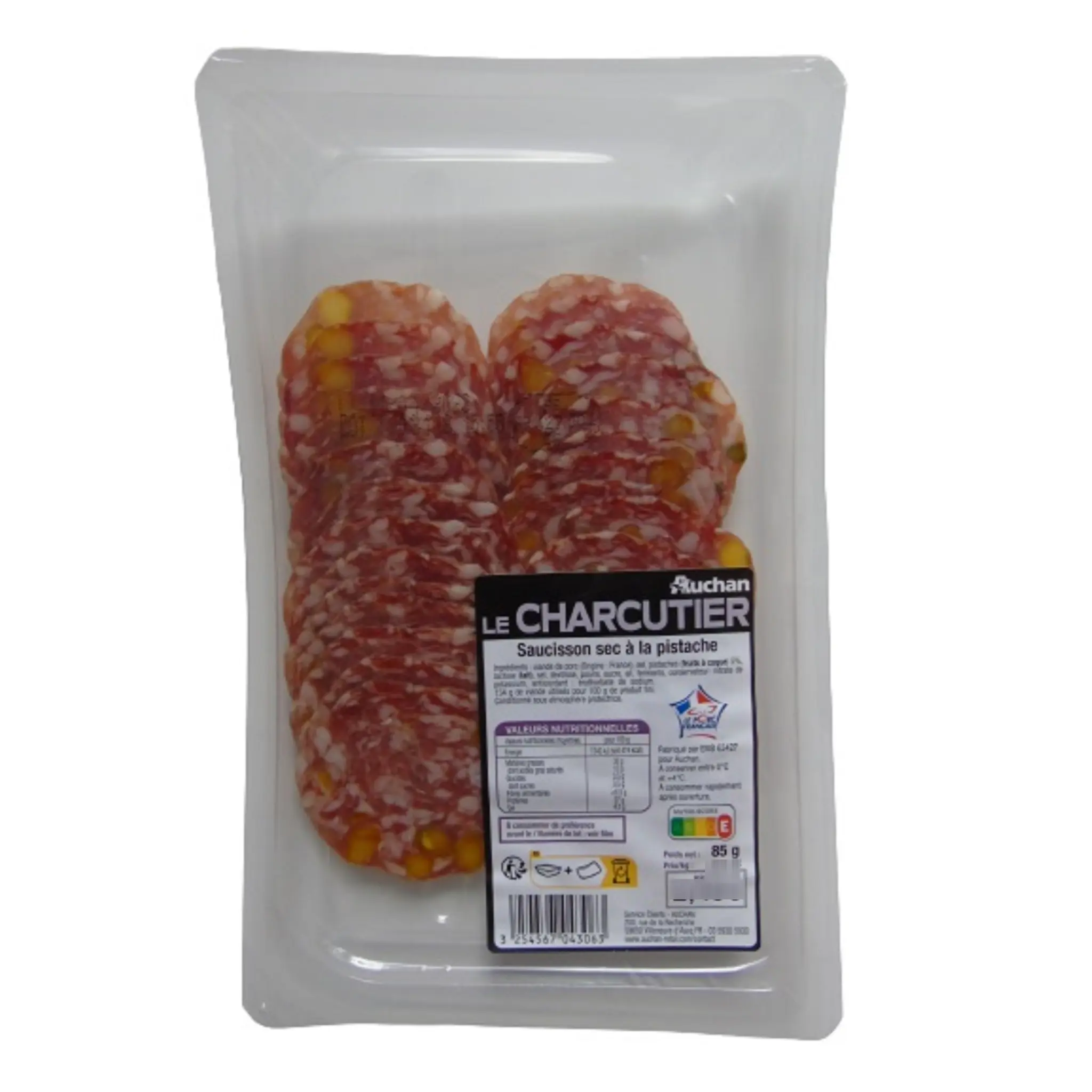 AUCHAN LE CHARCUTIER Saucisson sec à la pistache tranches