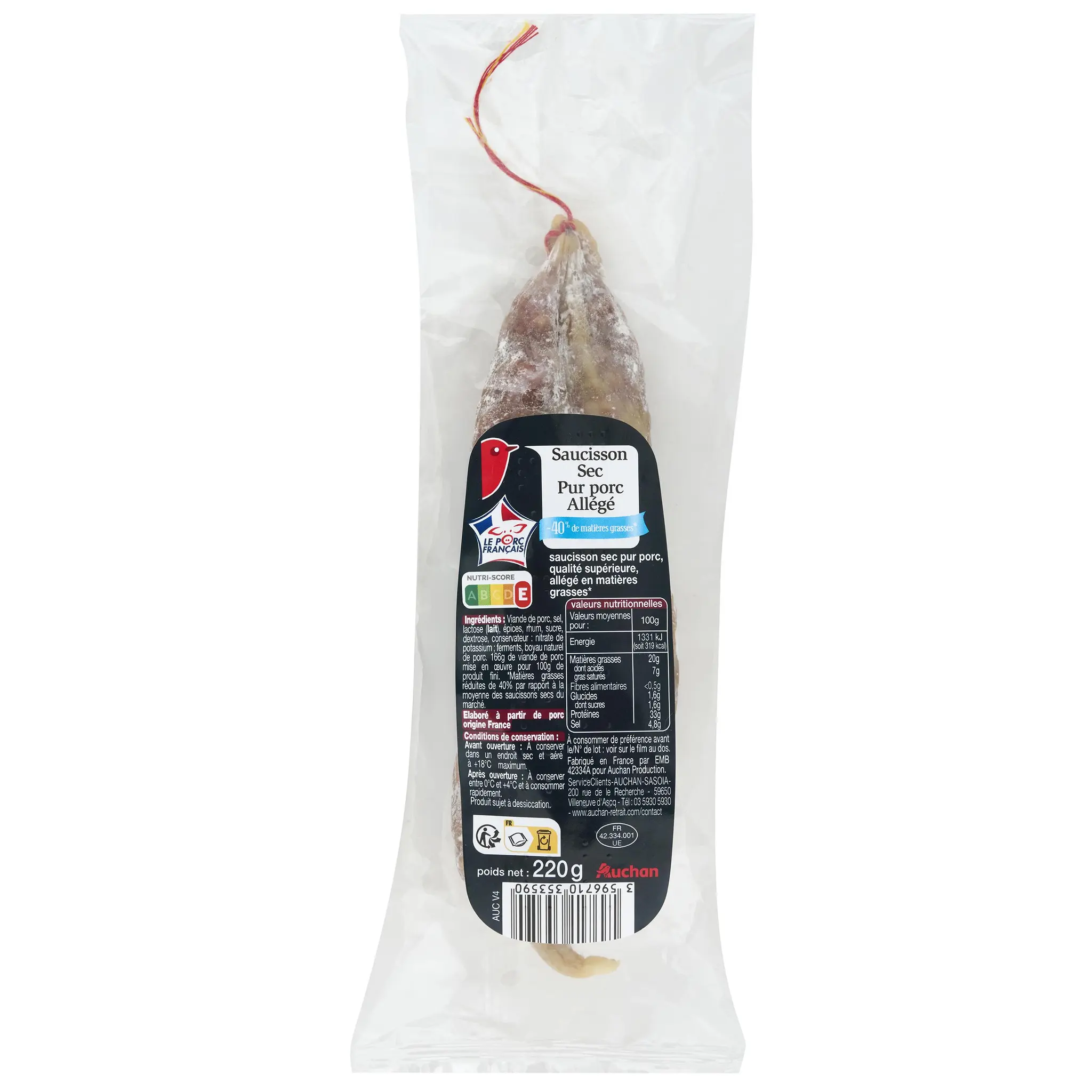 AUCHAN Saucisson sec pur porc allégé