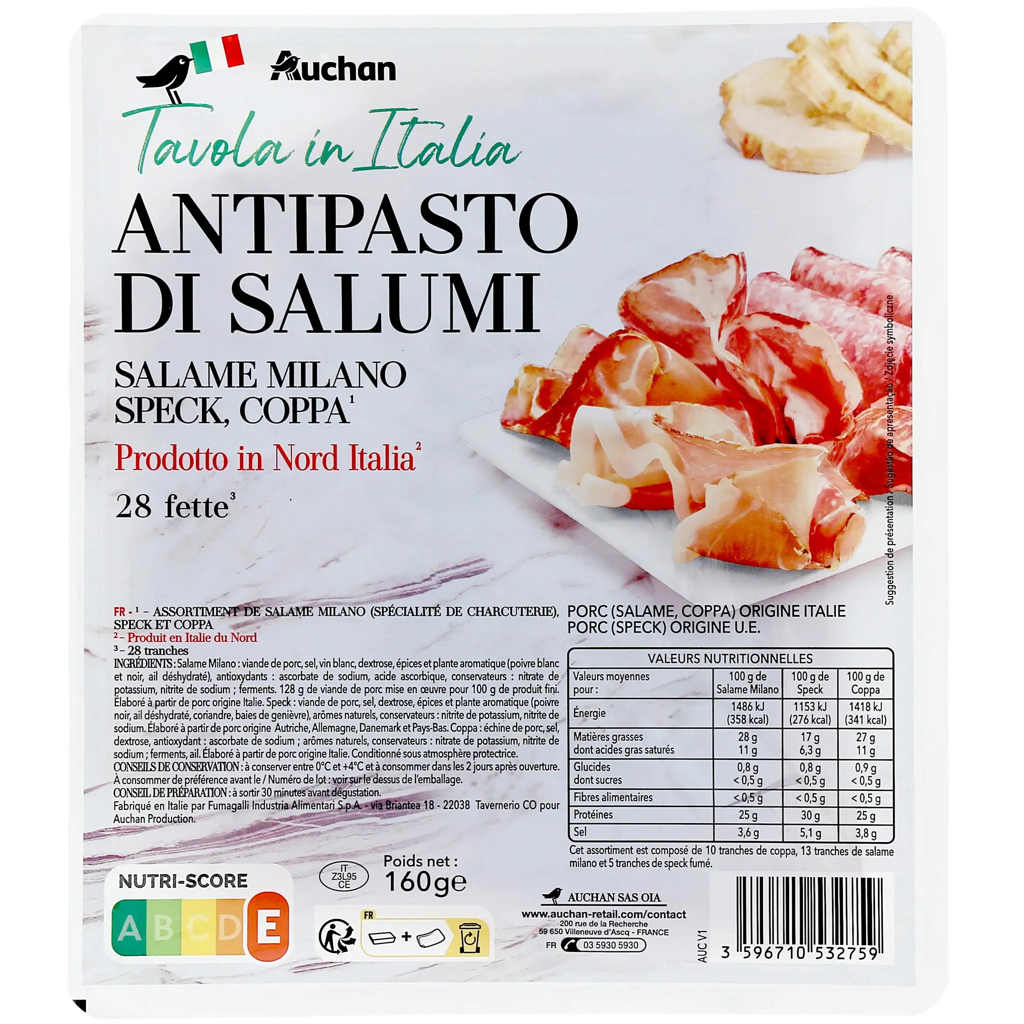 AUCHAN TAVOLA IN ITALIA Assortiment de charcuterie salame milano speck et coppa