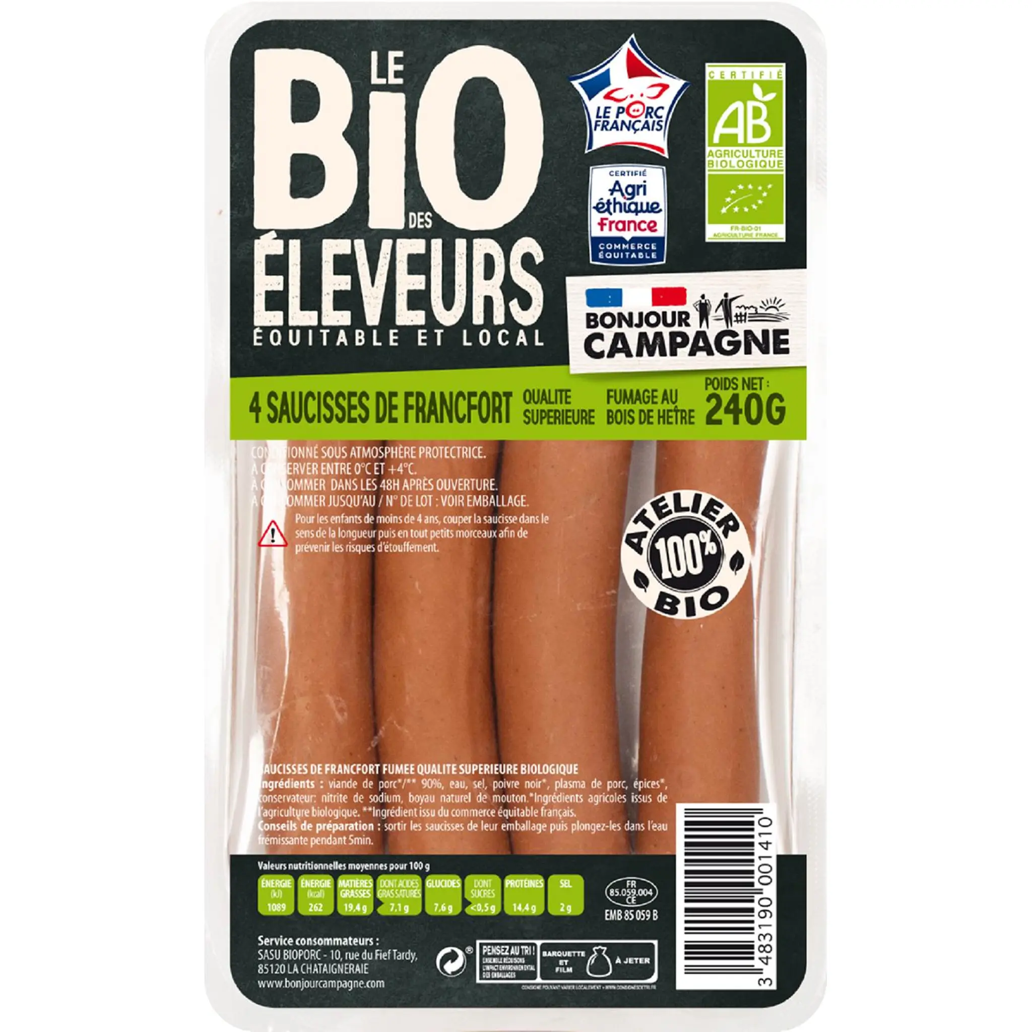 BONJOUR CAMPAGNE Saucisses de francfort bio