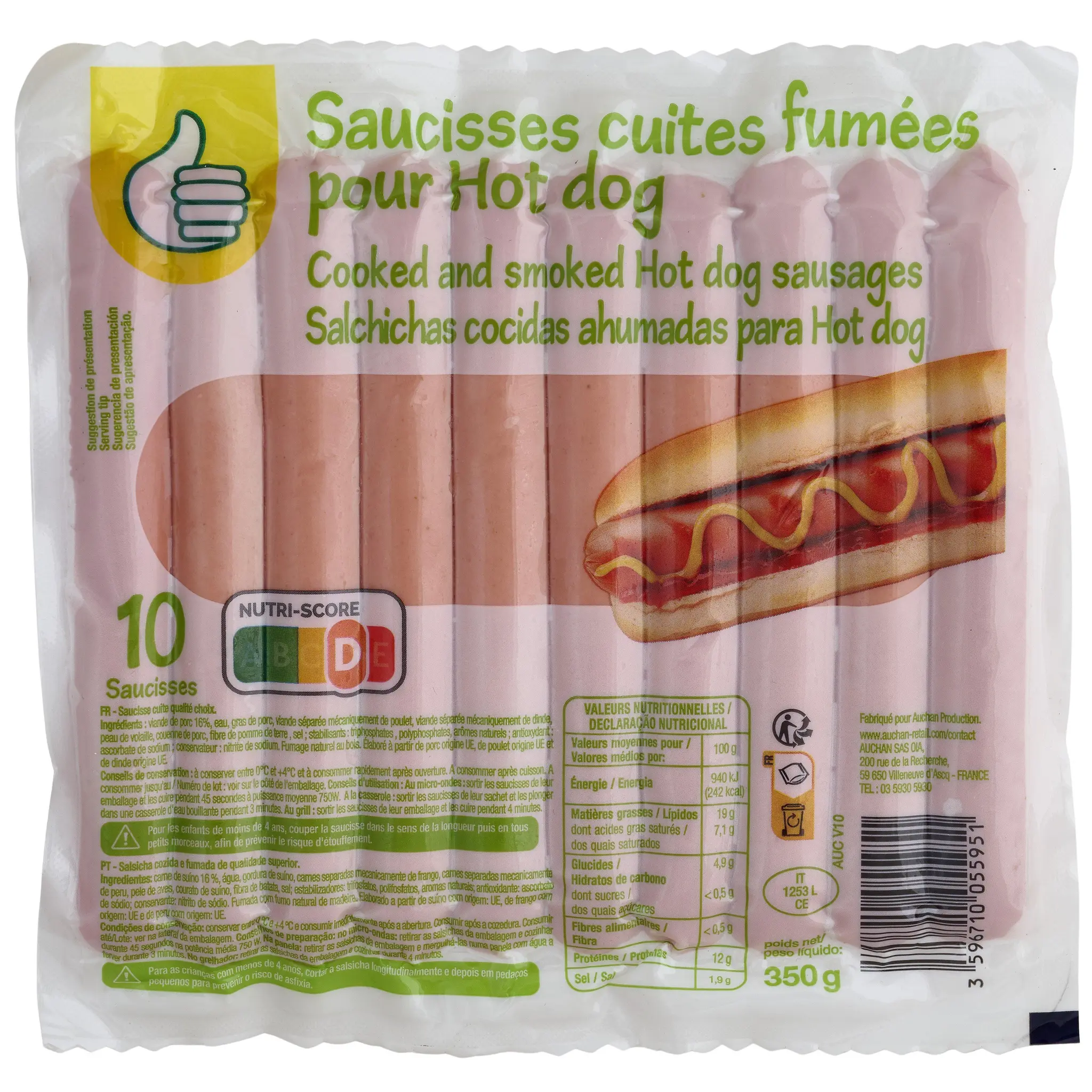 POUCE Saucisses cuites fumées pour hot dog