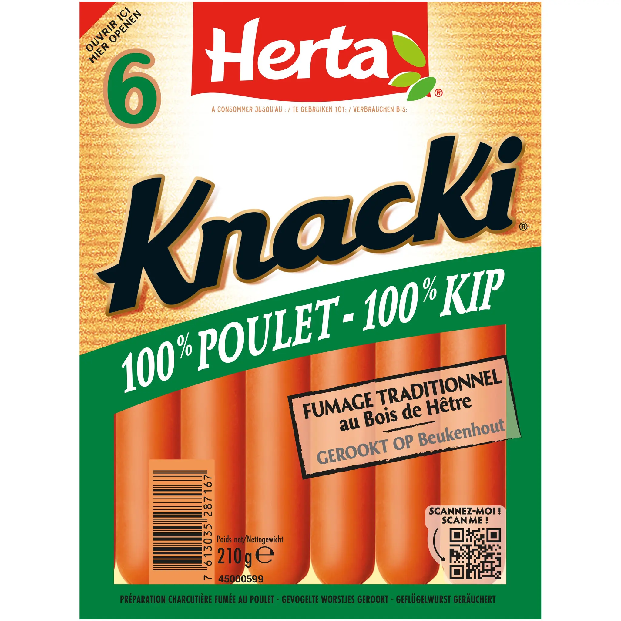HERTA Knacki saucisse de poulet fumé au bois de hêtre