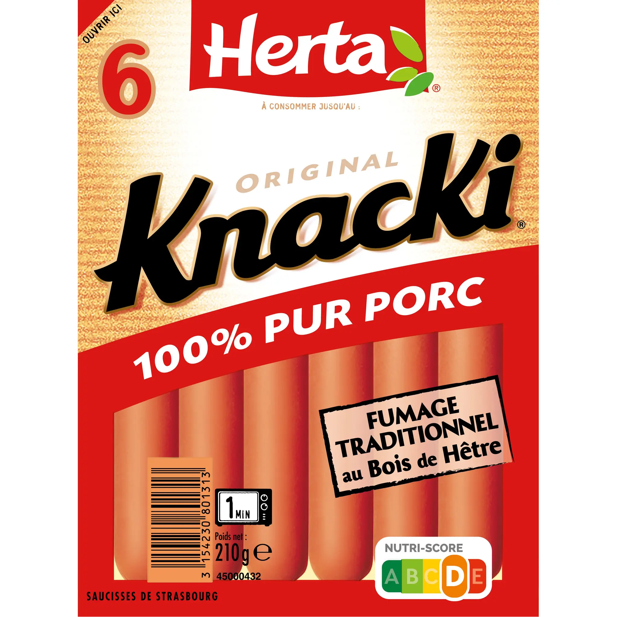 HERTA Knacki 100% pur porc fumage traditionnel au bois de hêtre