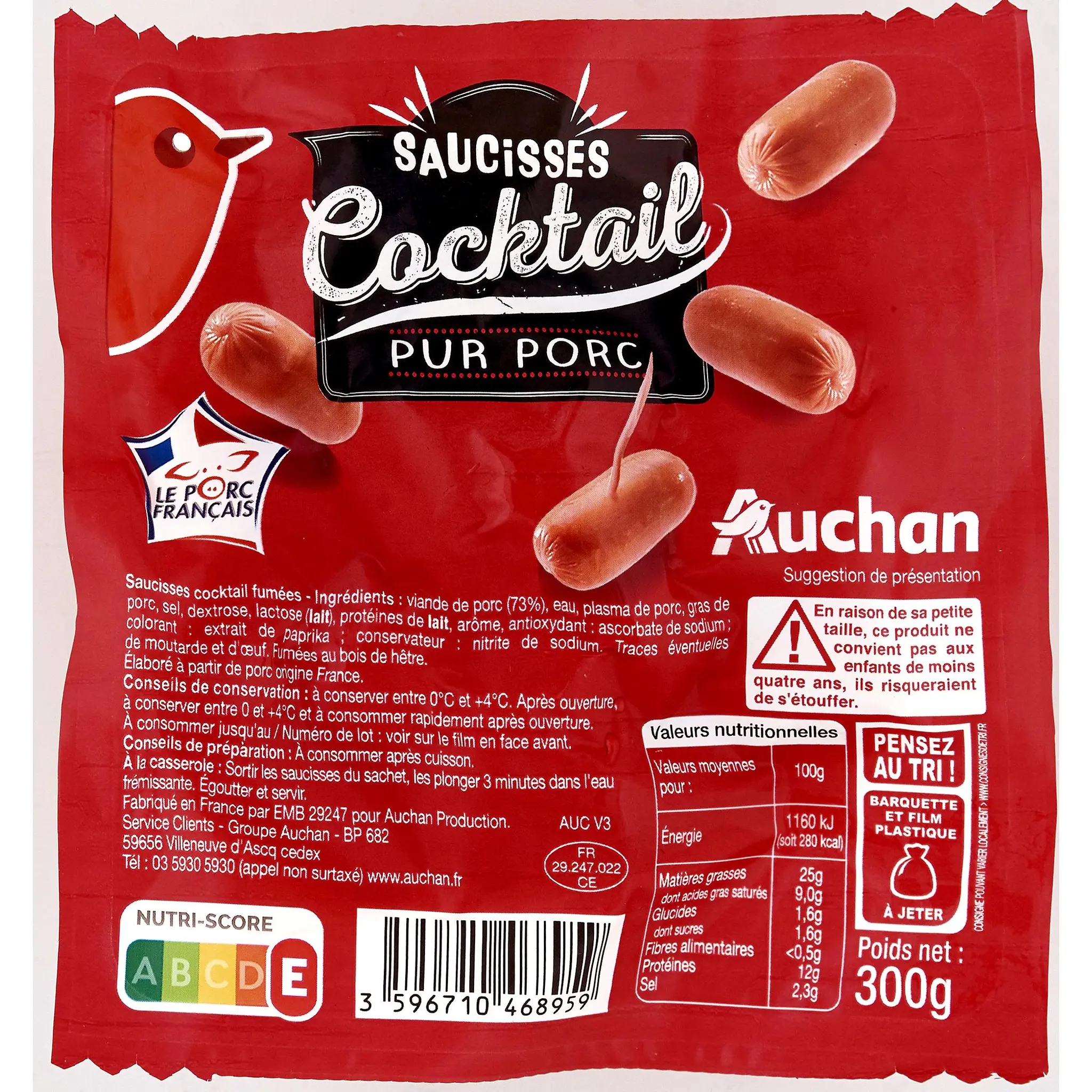 AUCHAN Saucisses cocktail pur porc
