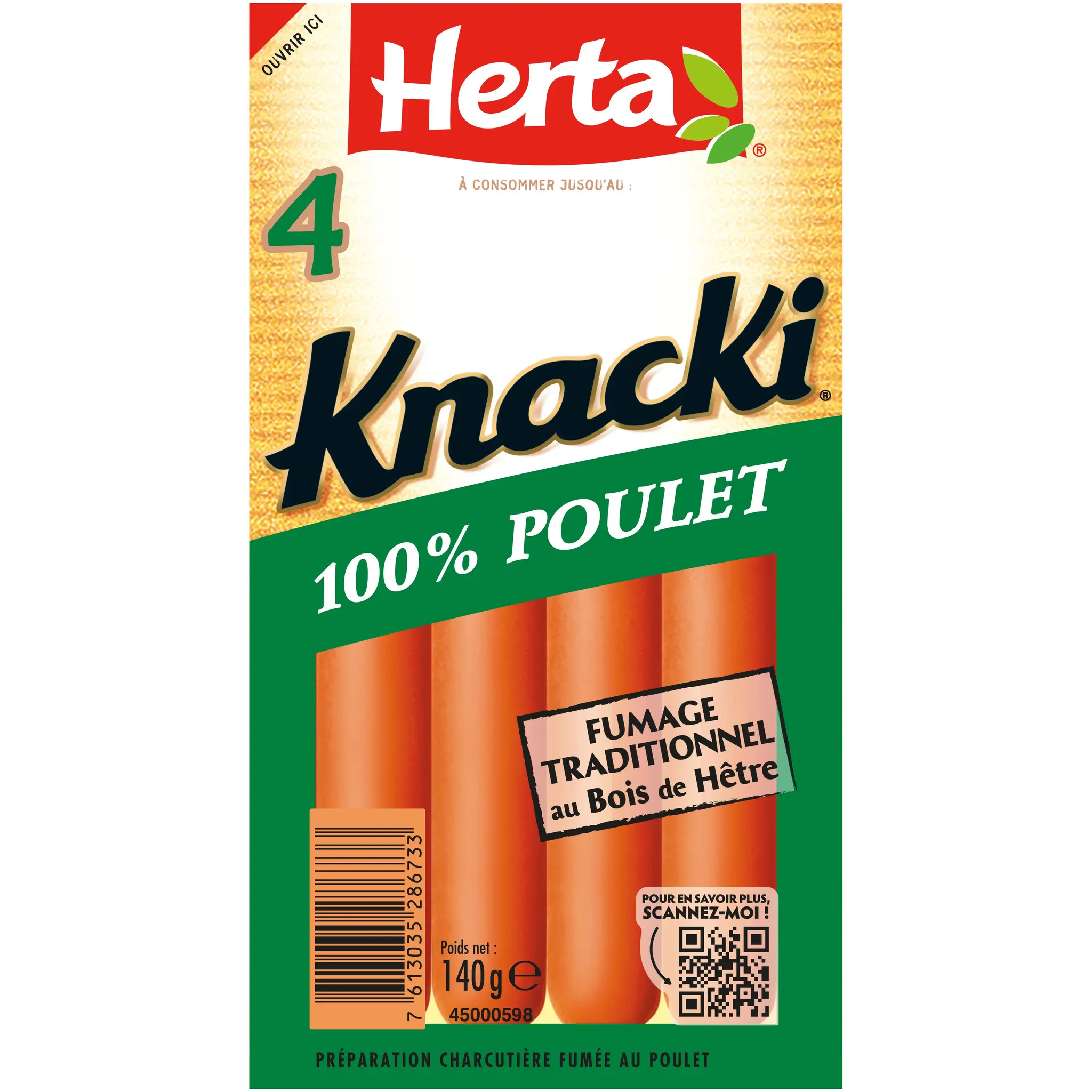 HERTA Knacki saucisse de poulet fumé au bois de hêtre