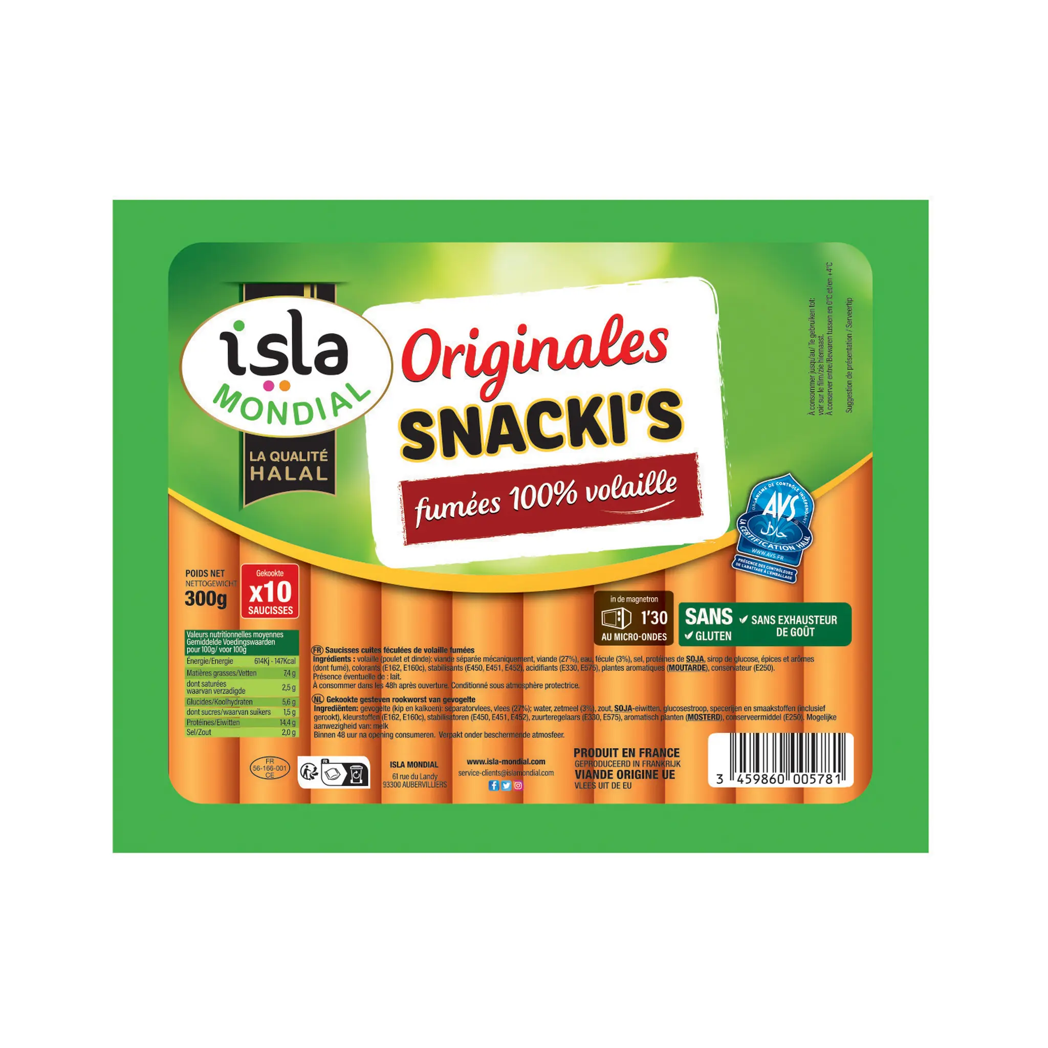 ISLA MONDIAL Saucisse snacki originale fumée de volaille halal sans gluten
