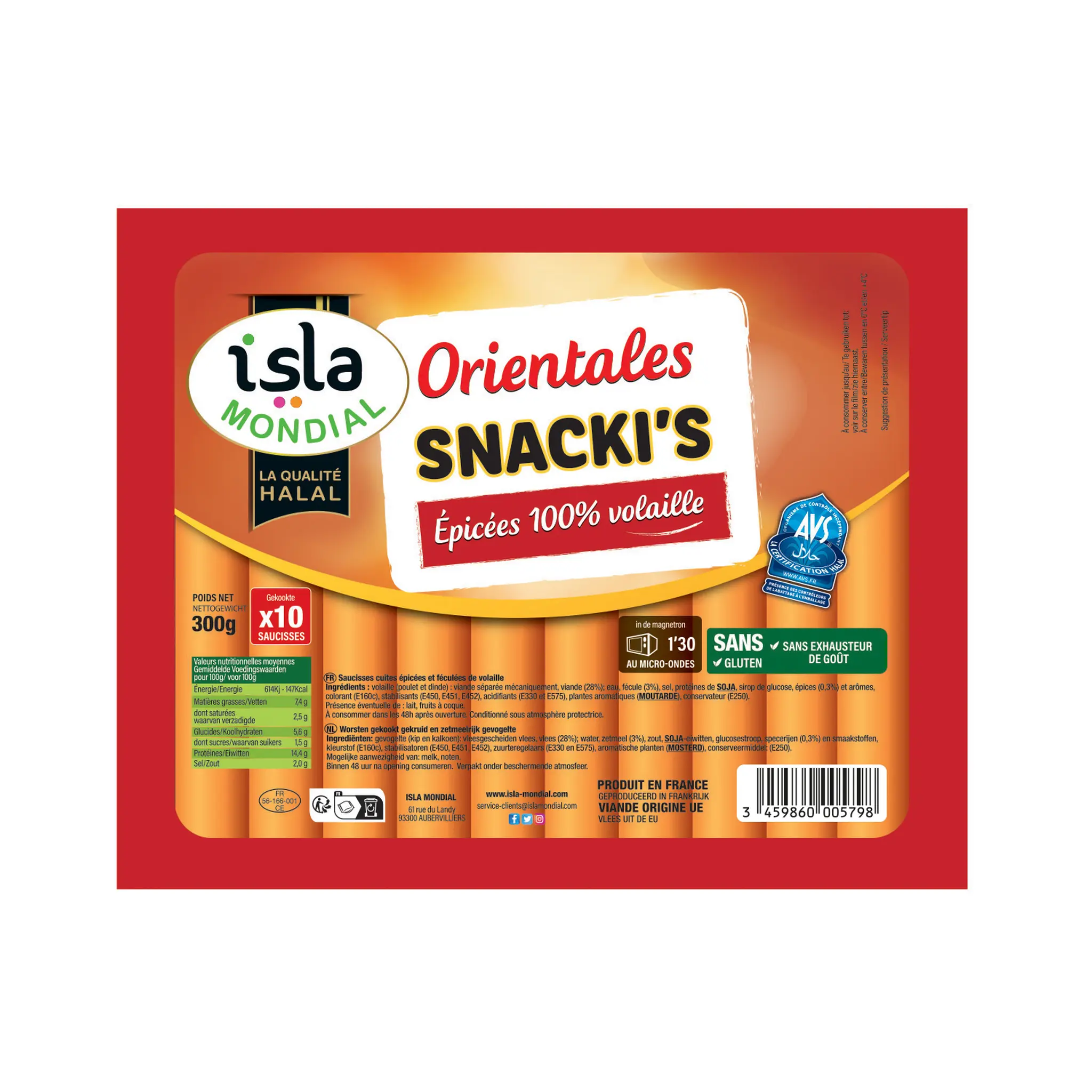 ISLA MONDIAL Saucisse snacki orientale épicée de volaille halal sans gluten