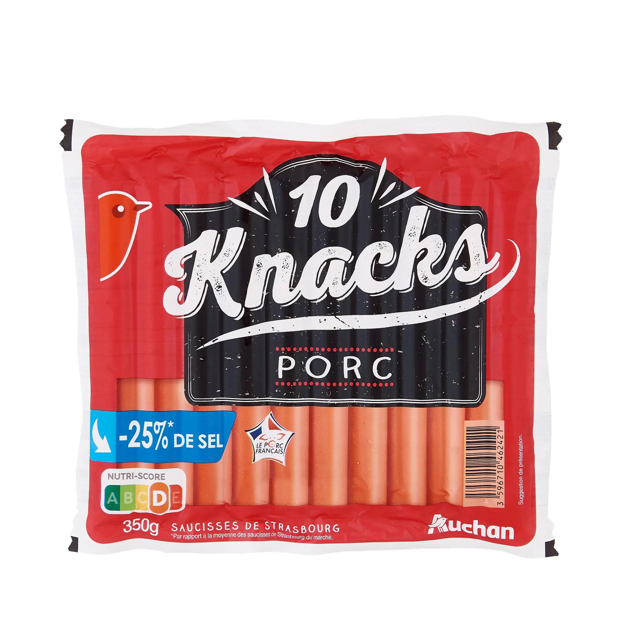 AUCHAN Knacks au porc réduit en sel