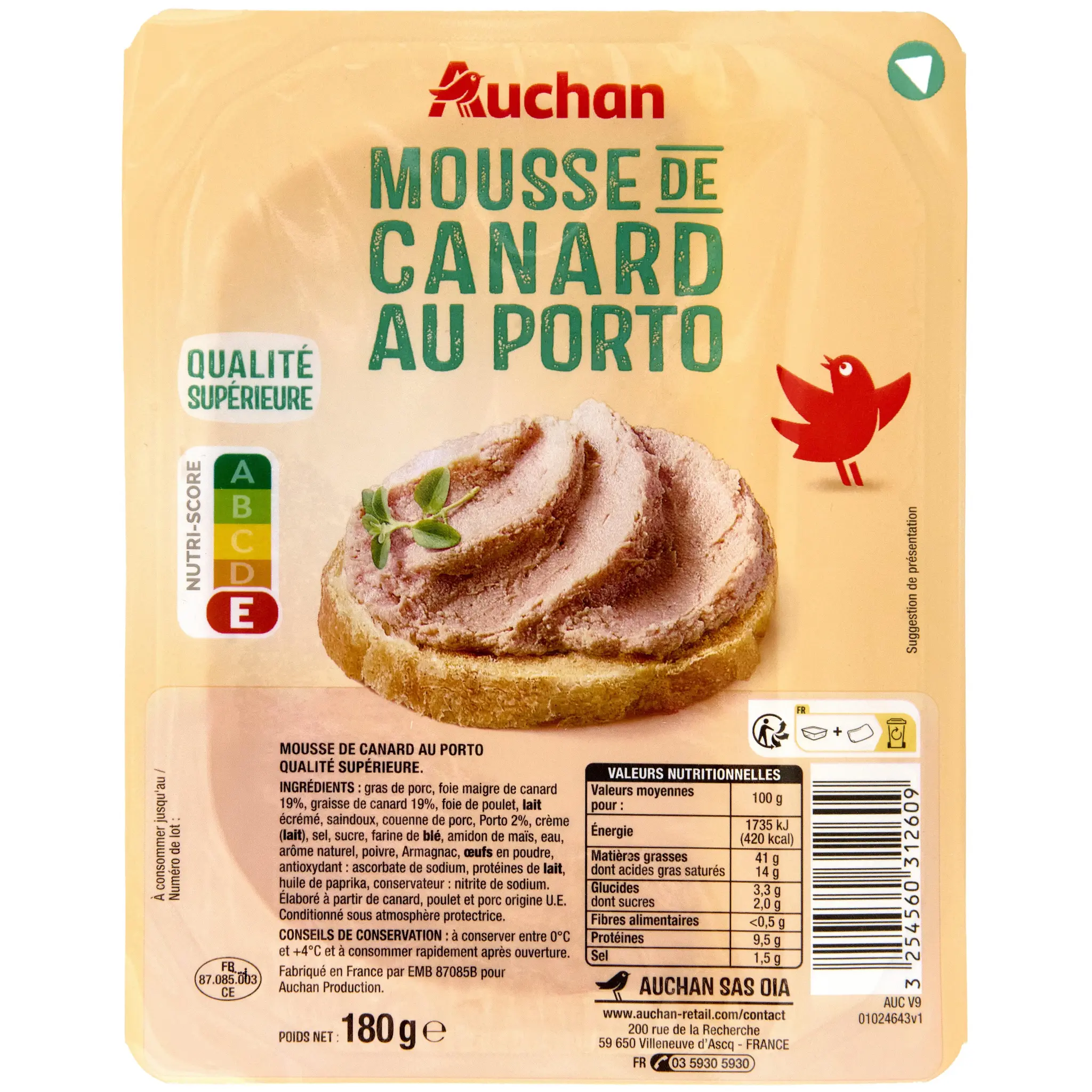 AUCHAN Mousse de canard au porto