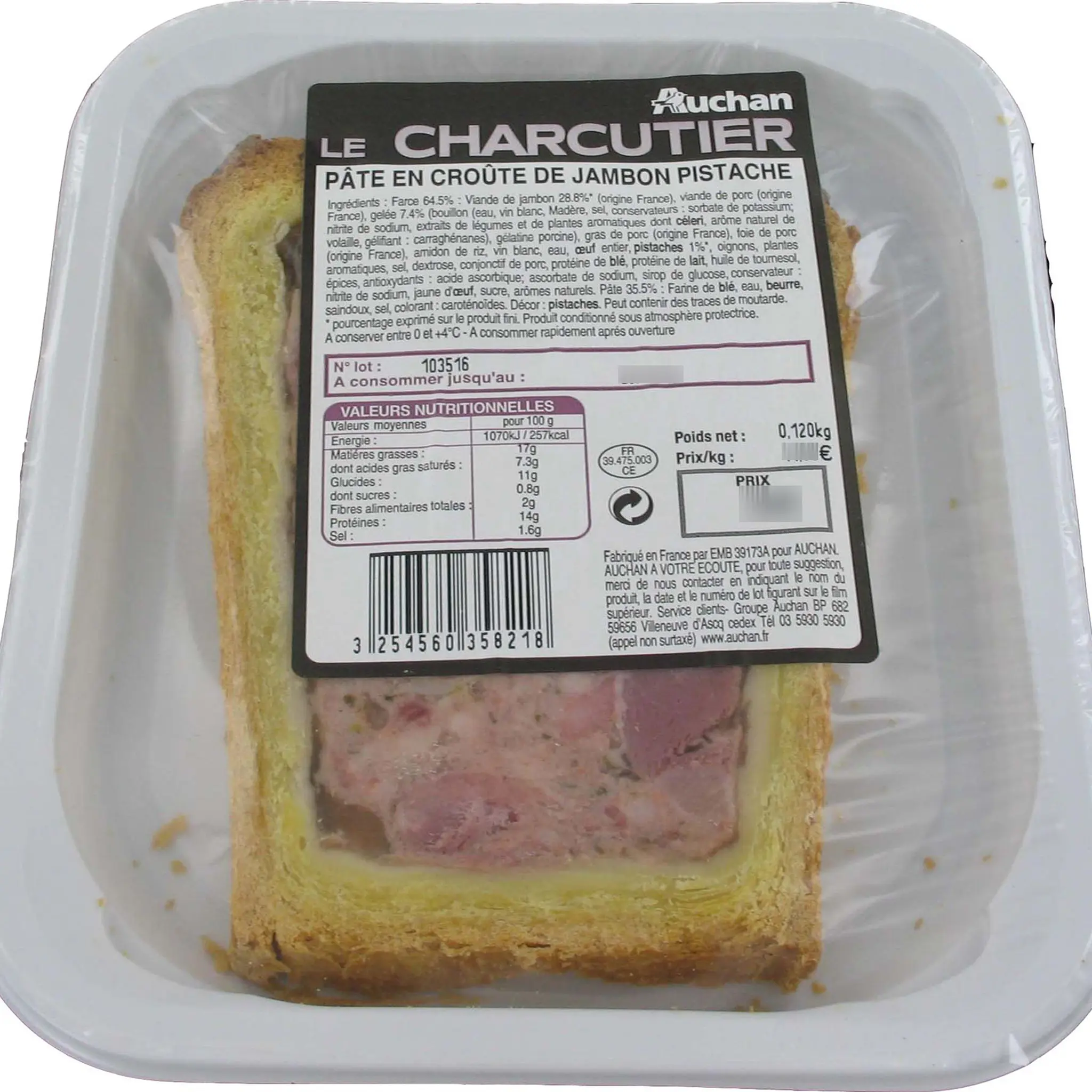 AUCHAN LE CHARCUTIER Pâté en croûte jambon pistache