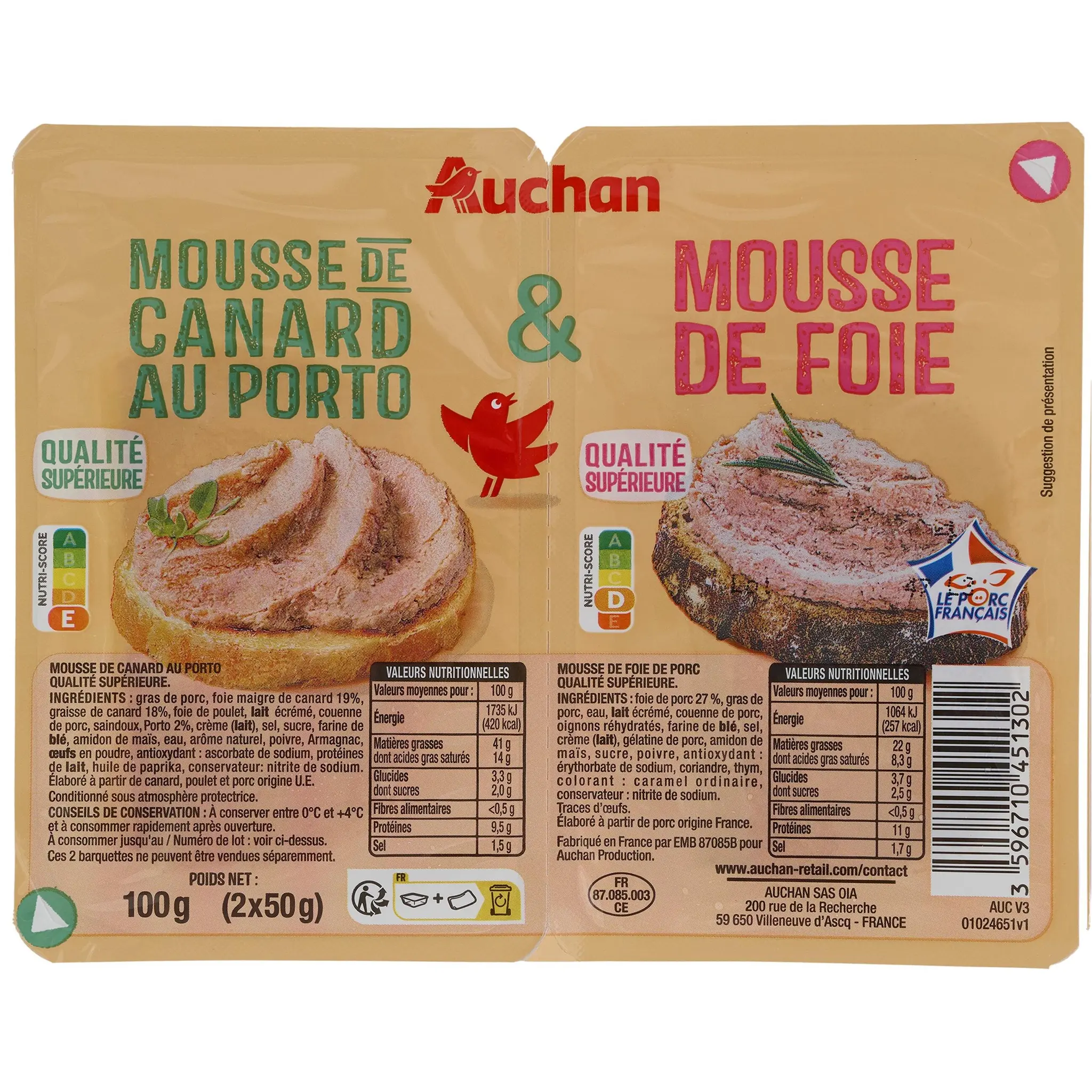 AUCHAN Mousse de foie de porc et mousse de canard au porto