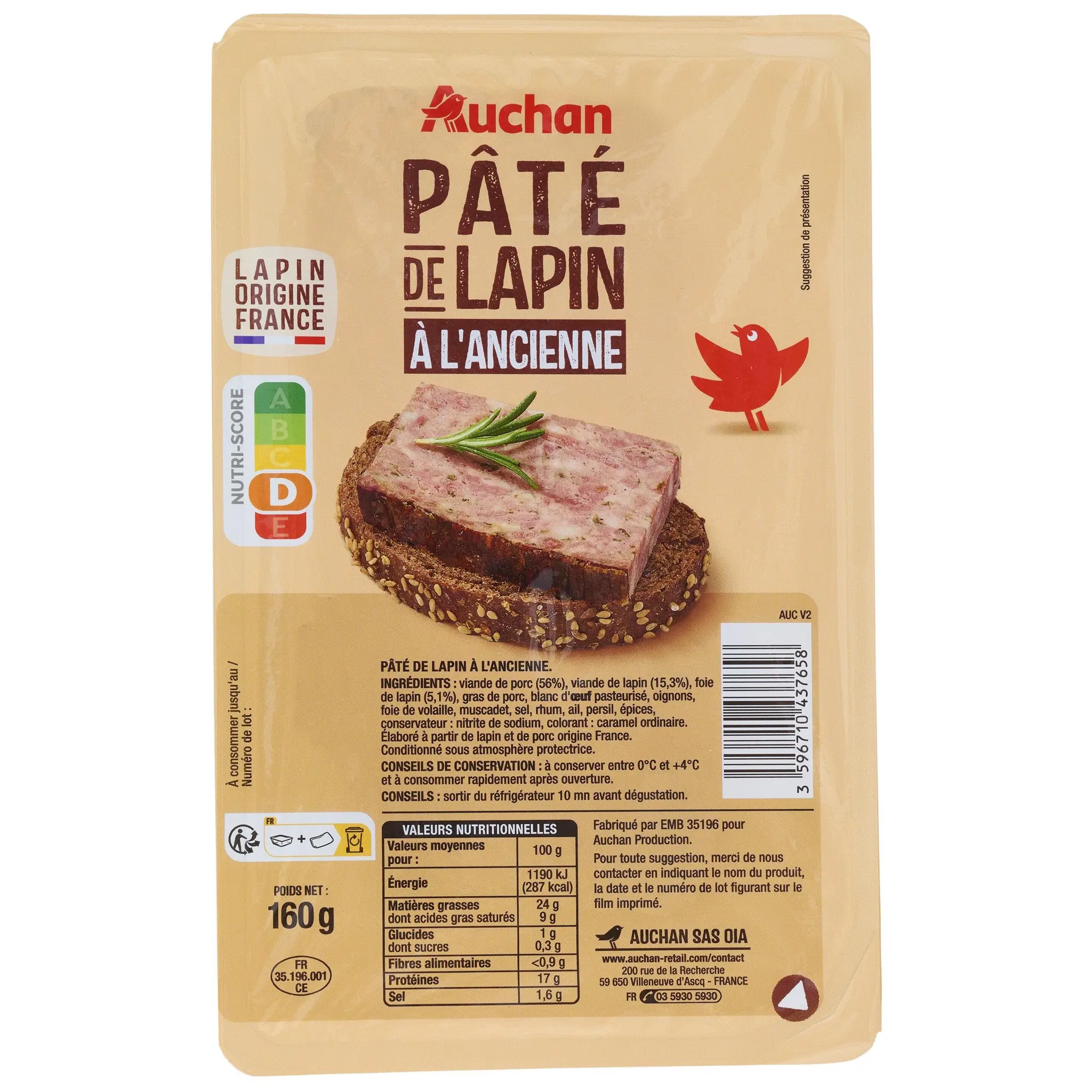 AUCHAN Pâté de lapin à l'ancienne