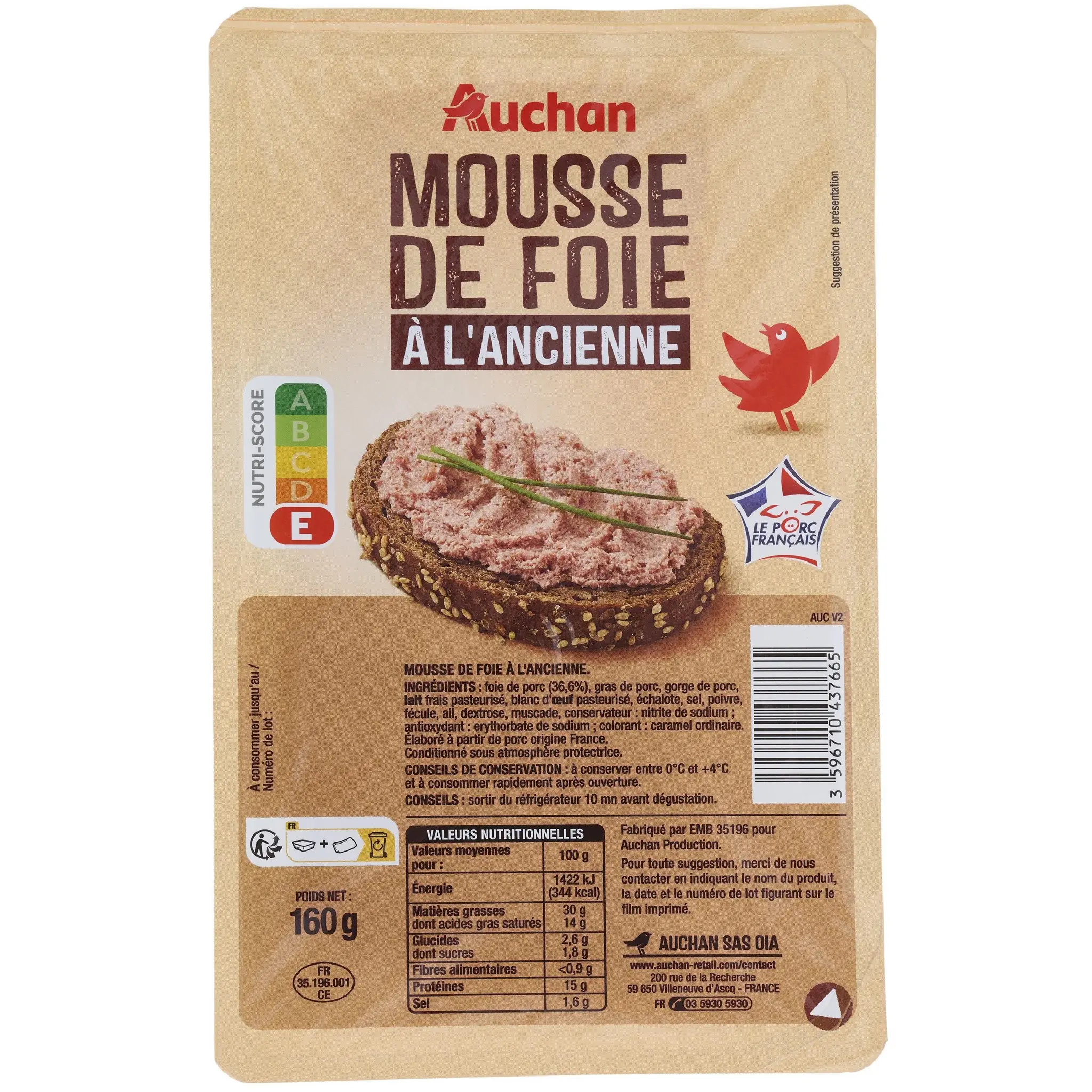 AUCHAN Mousse de foie à l'ancienne