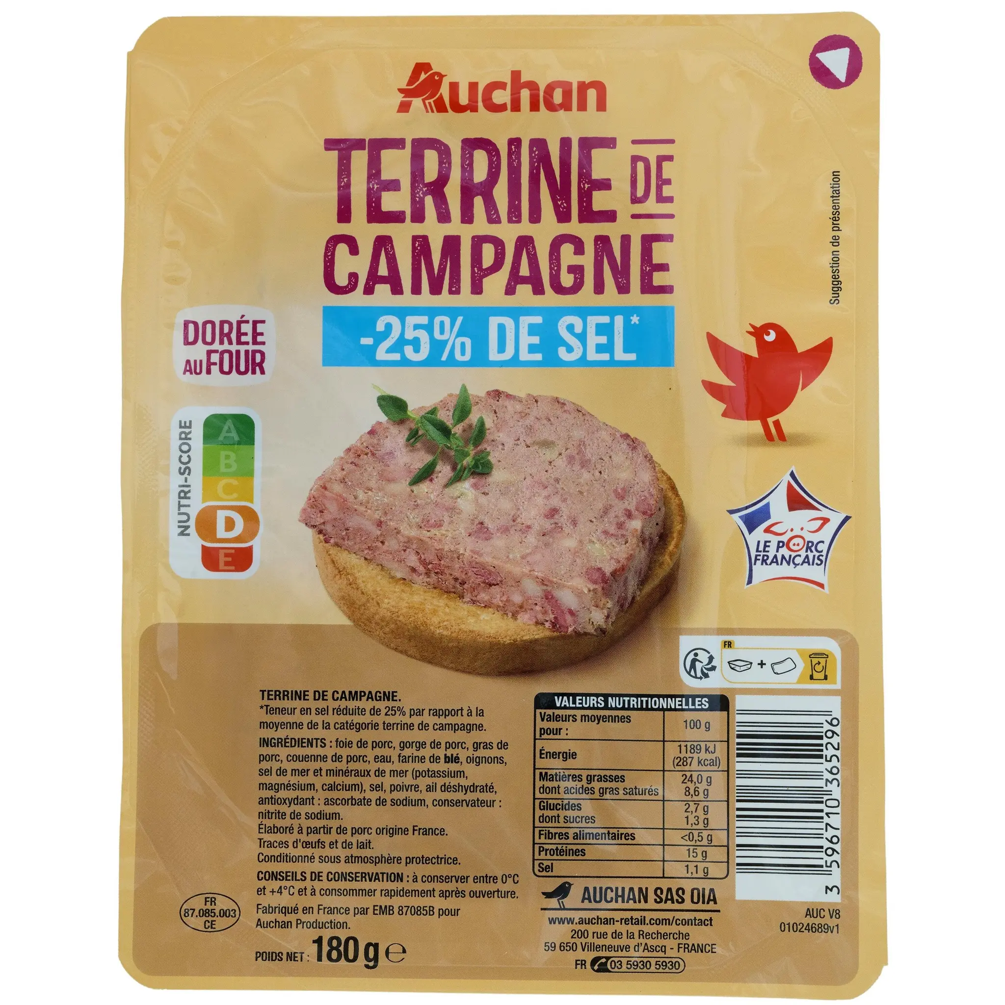 AUCHAN Pâté de campagne réduit en sel