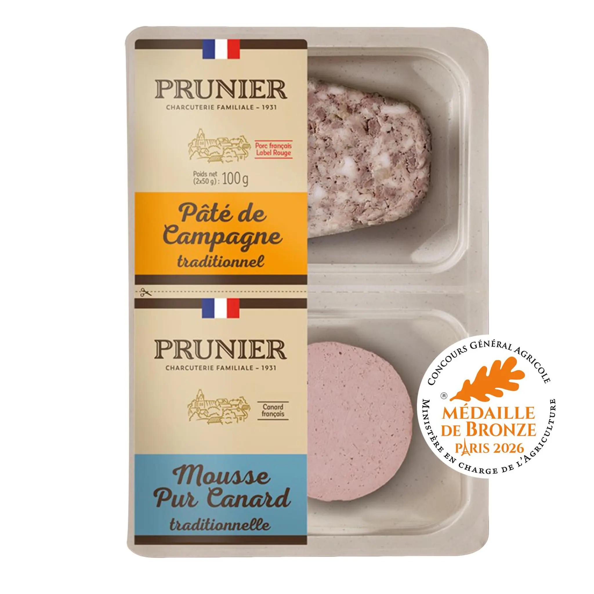 PRUNIER Pâté de campagne et mousse pur canard traditionnel