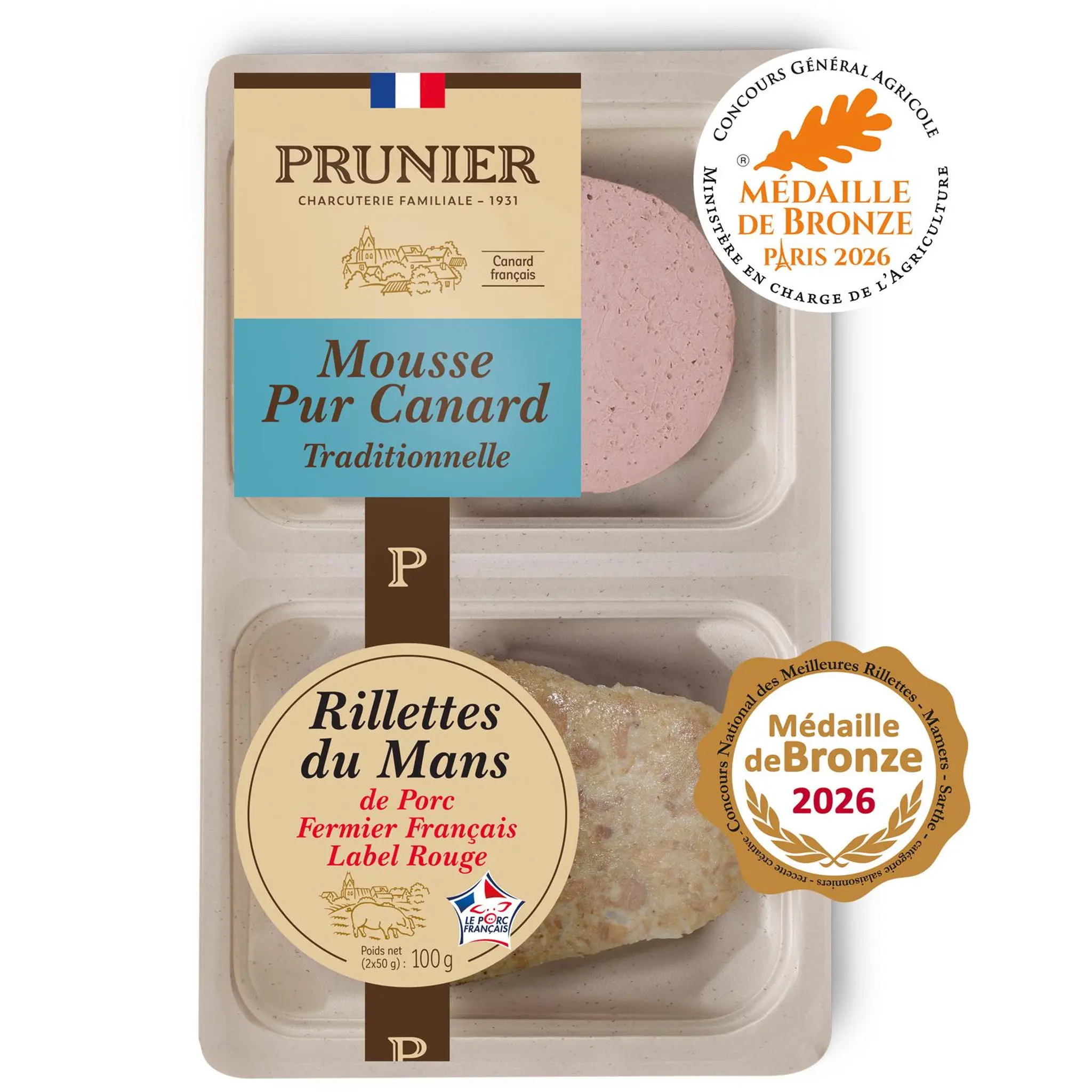PRUNIER Mousse pur canard et rillettes du Mans de porc fermier Label Rouge
