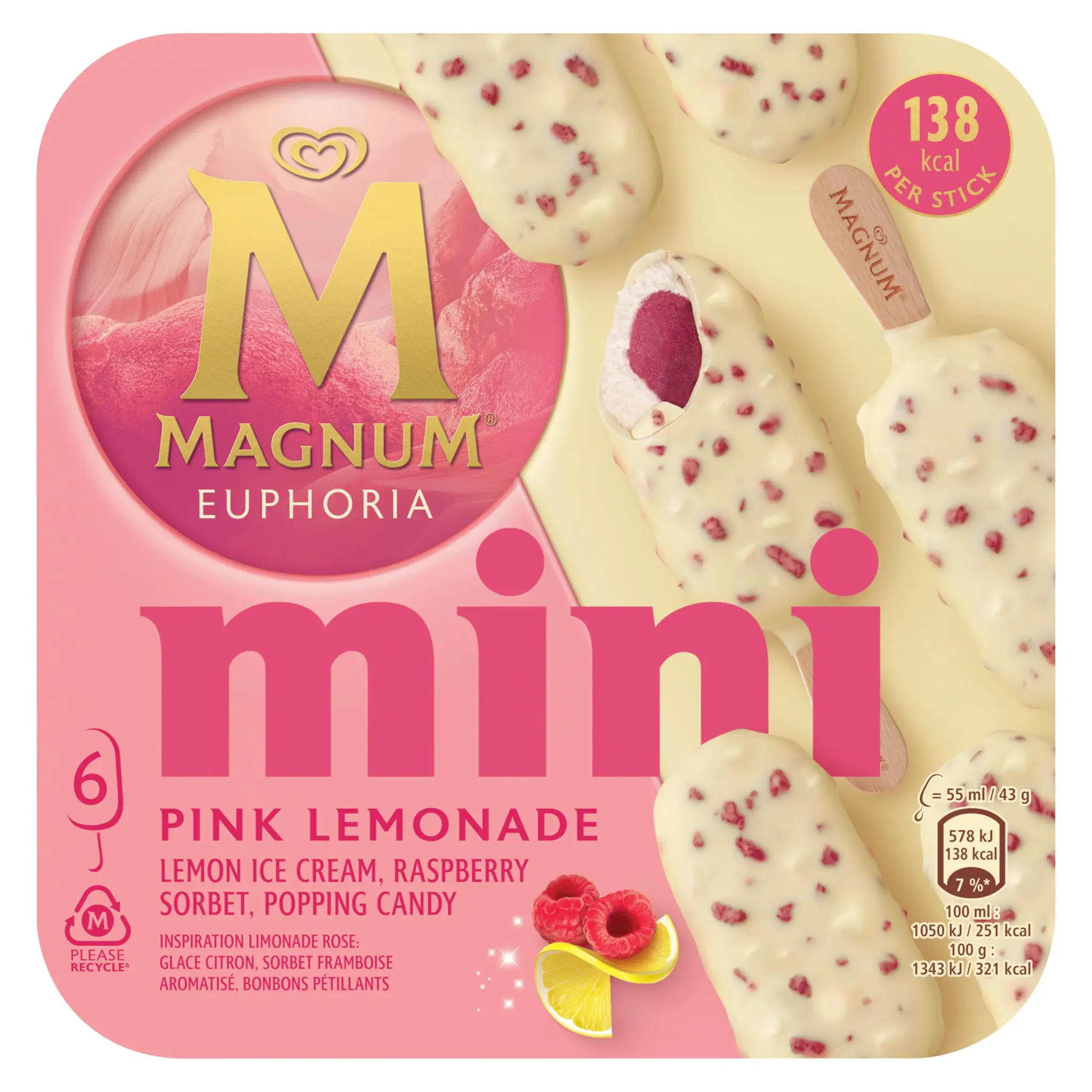 MAGNUM Mini bâtonnets glacés euphoria pink lemonade citron framboise