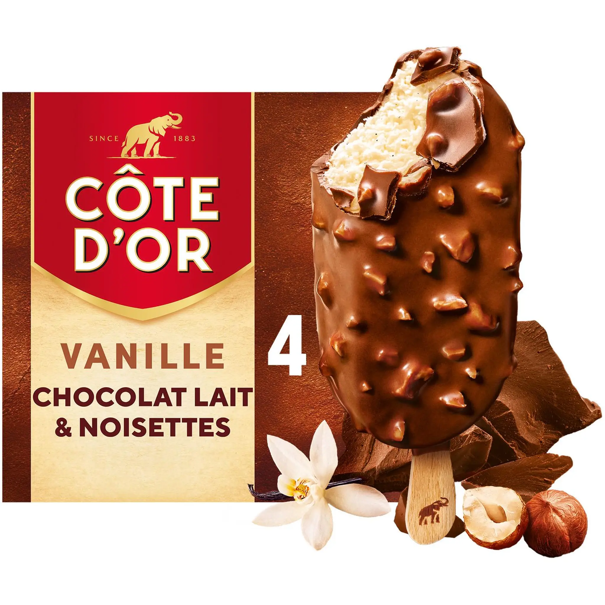 COTE D'OR Bâtonnets glacés à la vanille enrobé de chocolat et noisettes