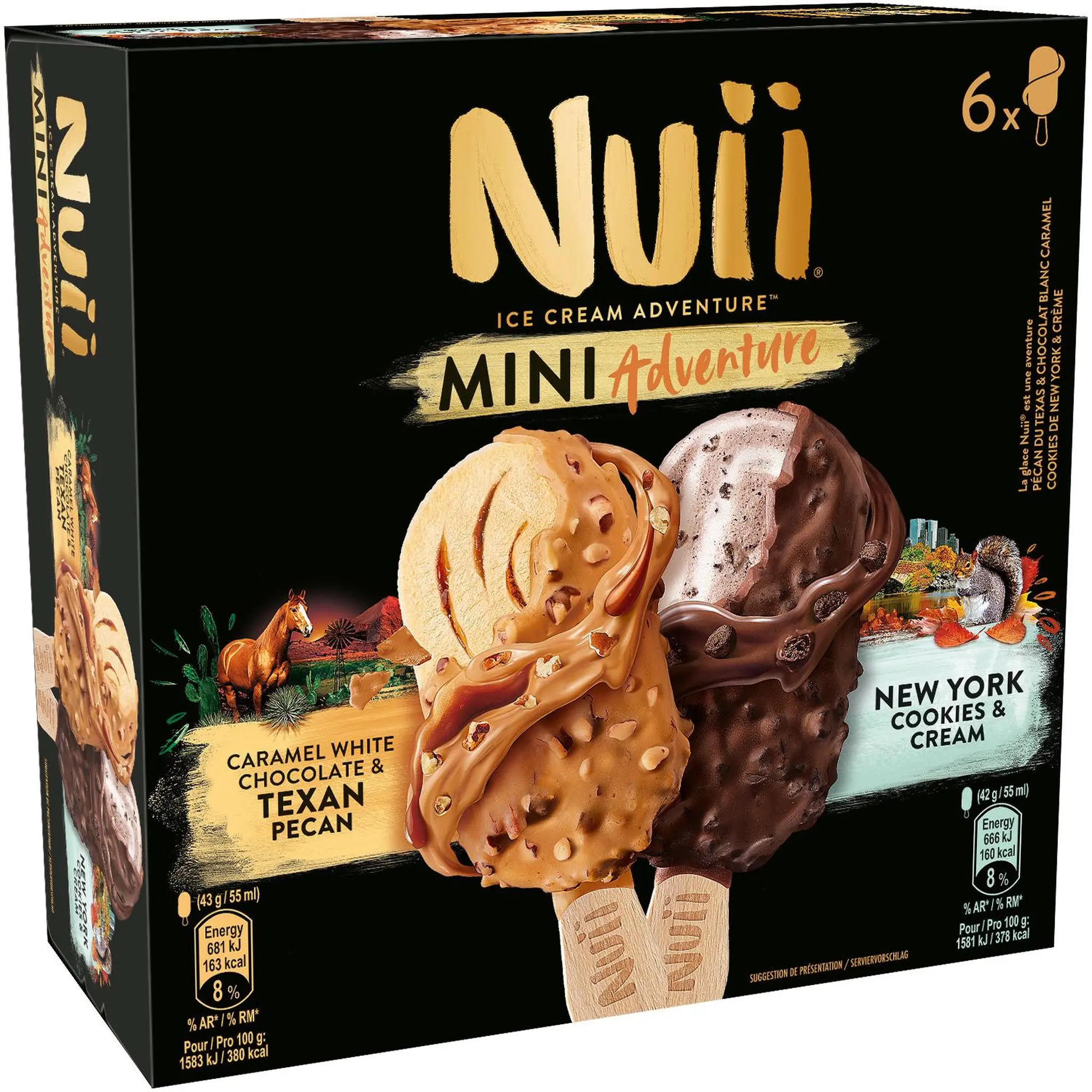 NUII Bâtonnet glacé mini adventure caramel chocolat blanc Texan pecan et New York cookies et crème