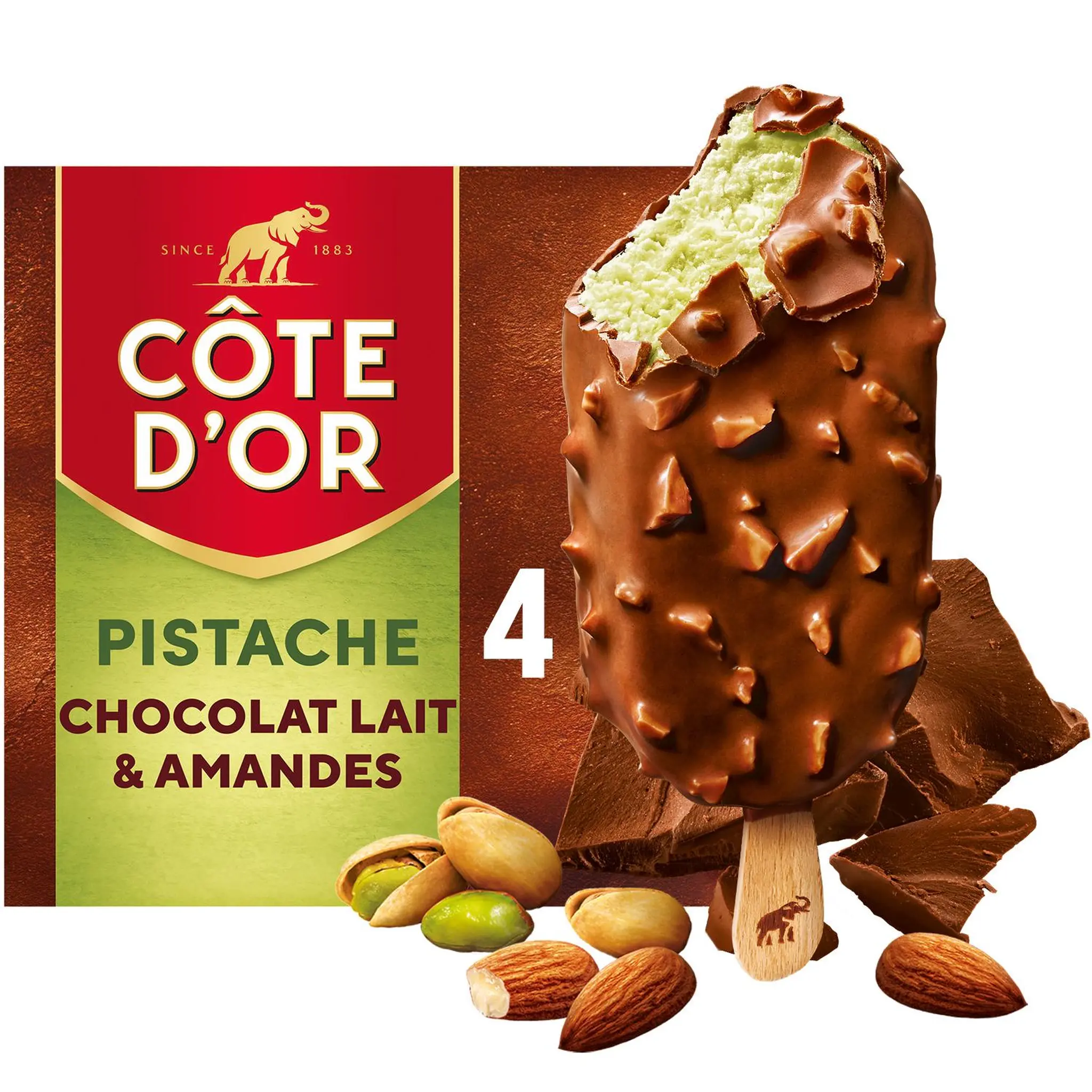 COTE D'OR Bâtonnets glacés pistache chocolat amandes