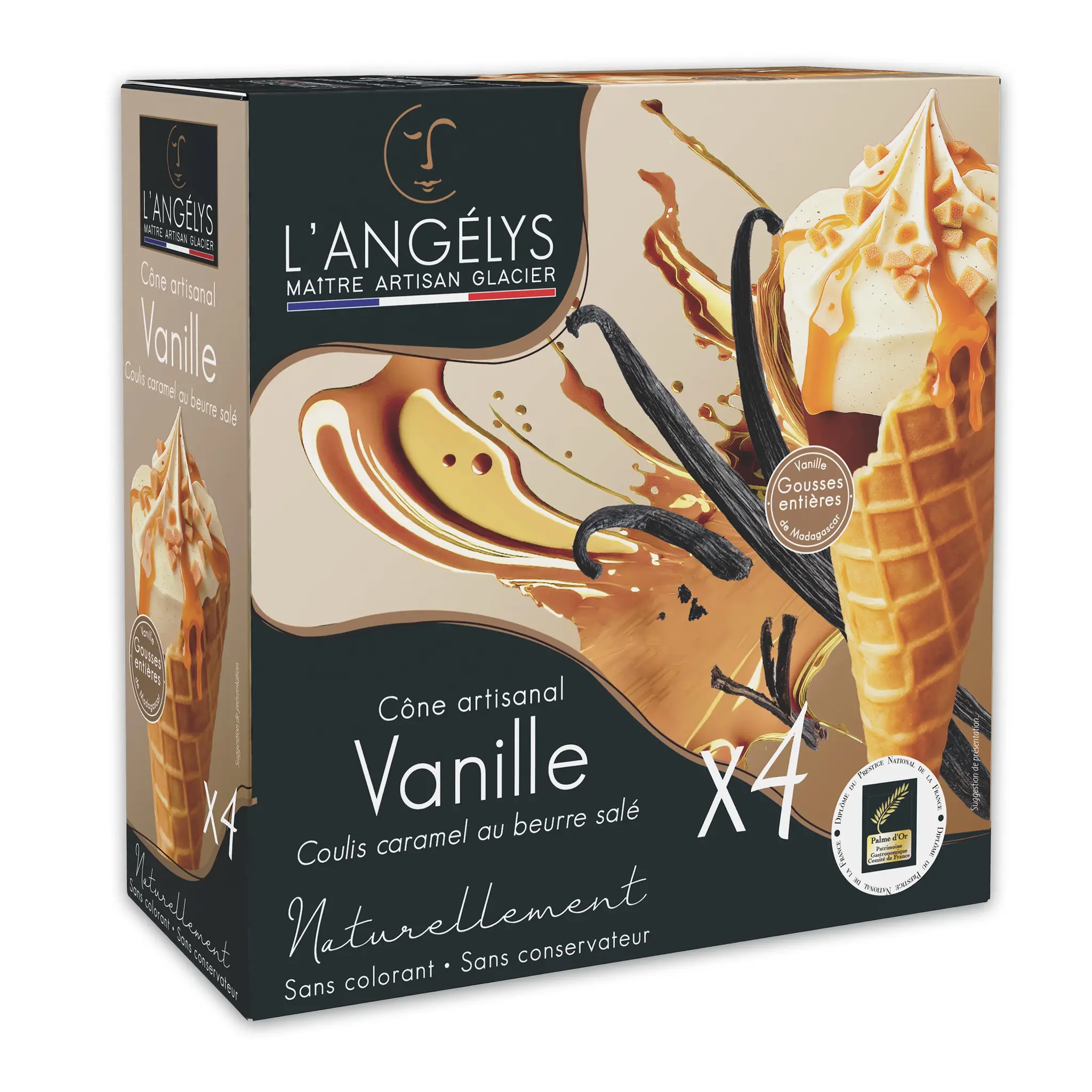 L'ANGELYS Cône artisanal crème glacée vanille coulis caramel beurre salé