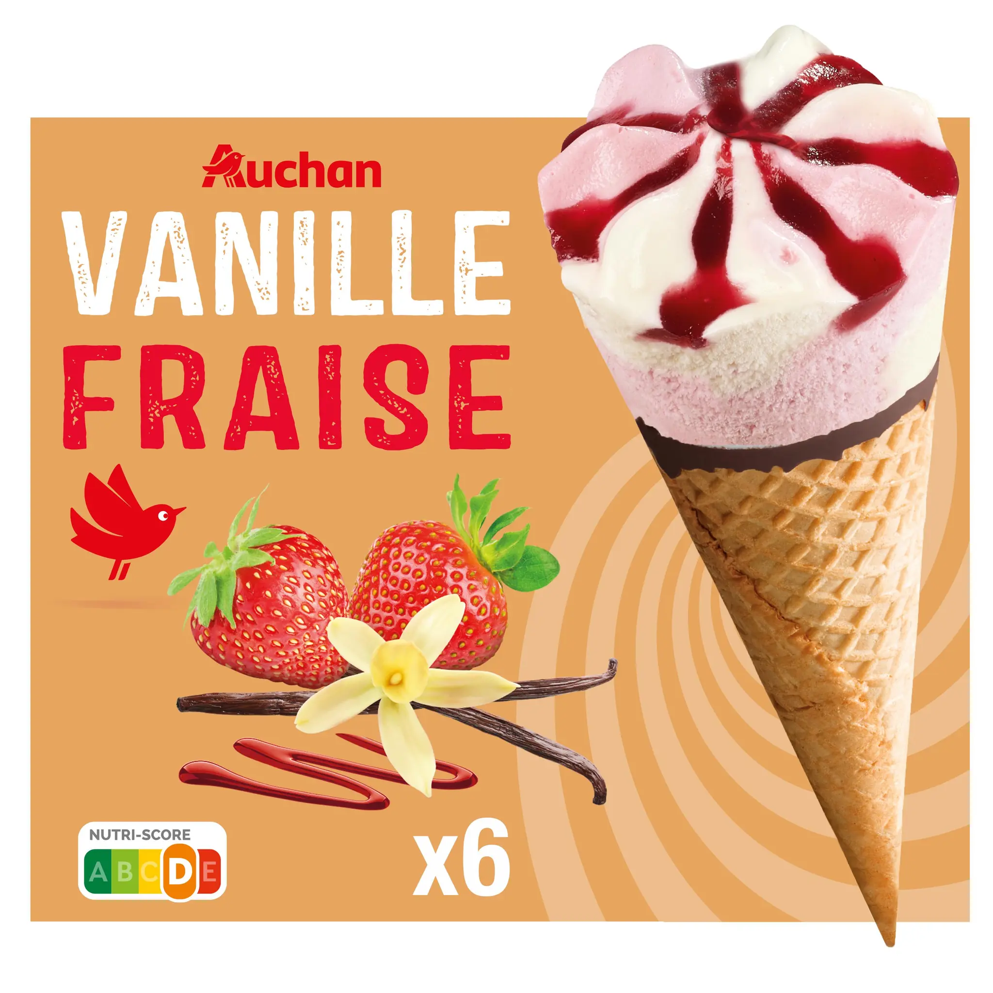 AUCHAN Cones vanille fraise