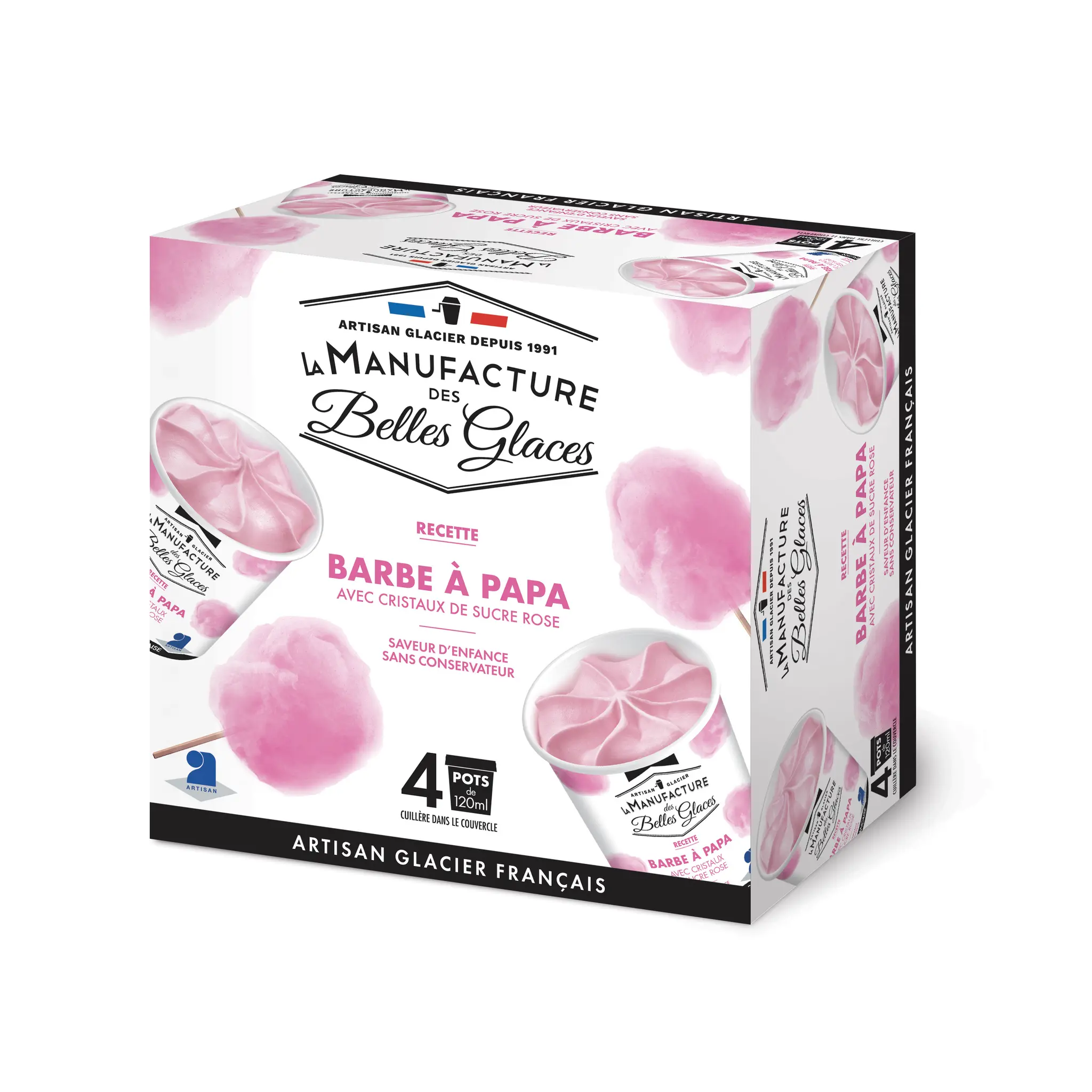 LA MANUFACTURE DES BELLES GLACES Glace parfum barbe à papa avec cristaux de sucre roses