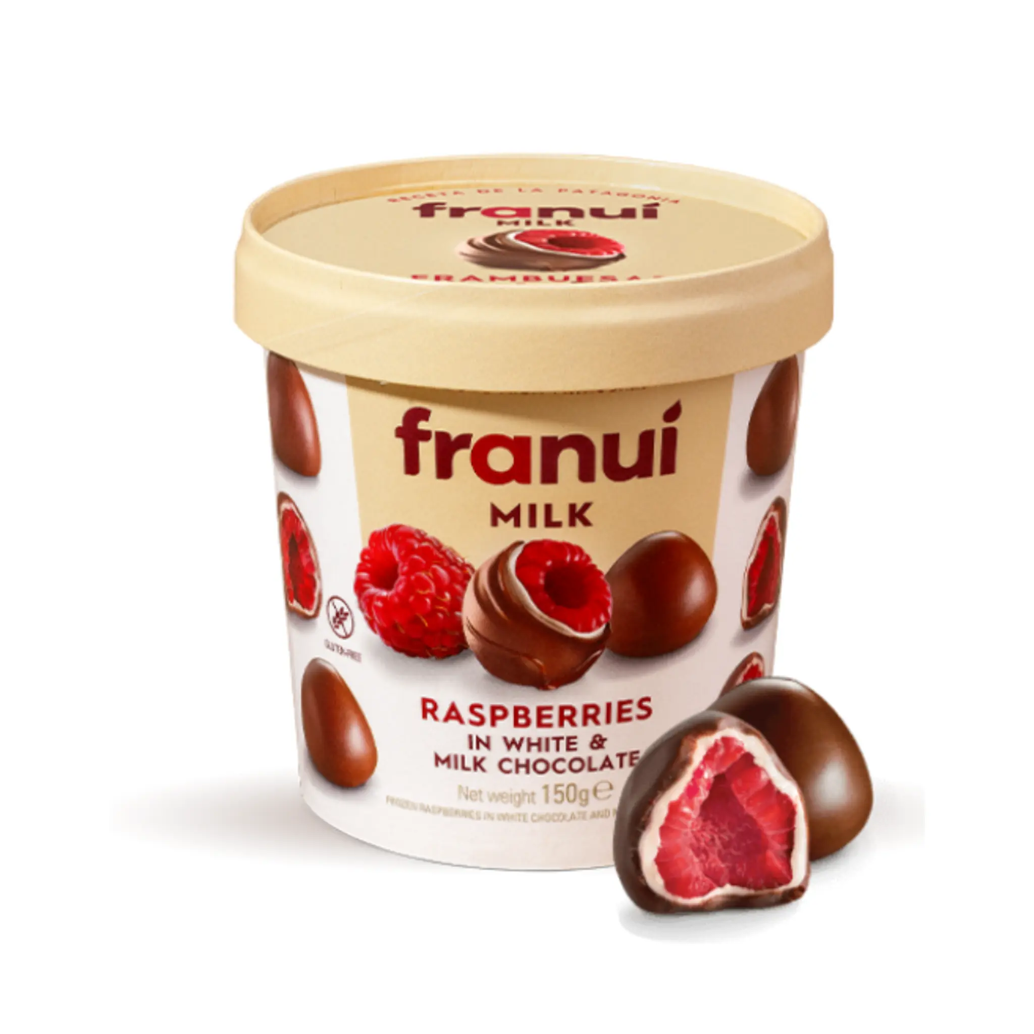 FRANUI Framboises glacées enrobées de chocolat blanc et chocolat au lait