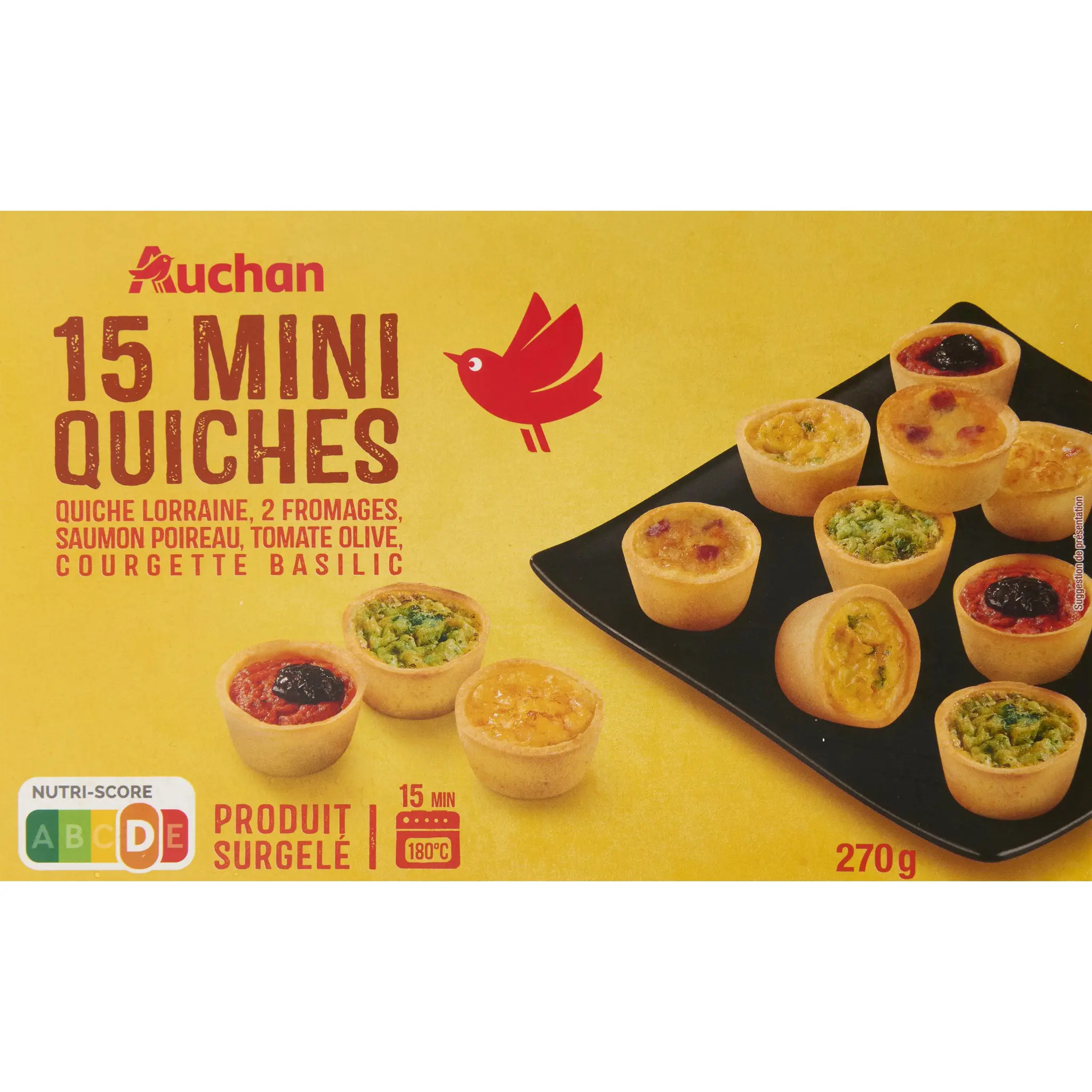 AUCHAN Mini quiches saumon poireau, tomate olive, courgette basilic