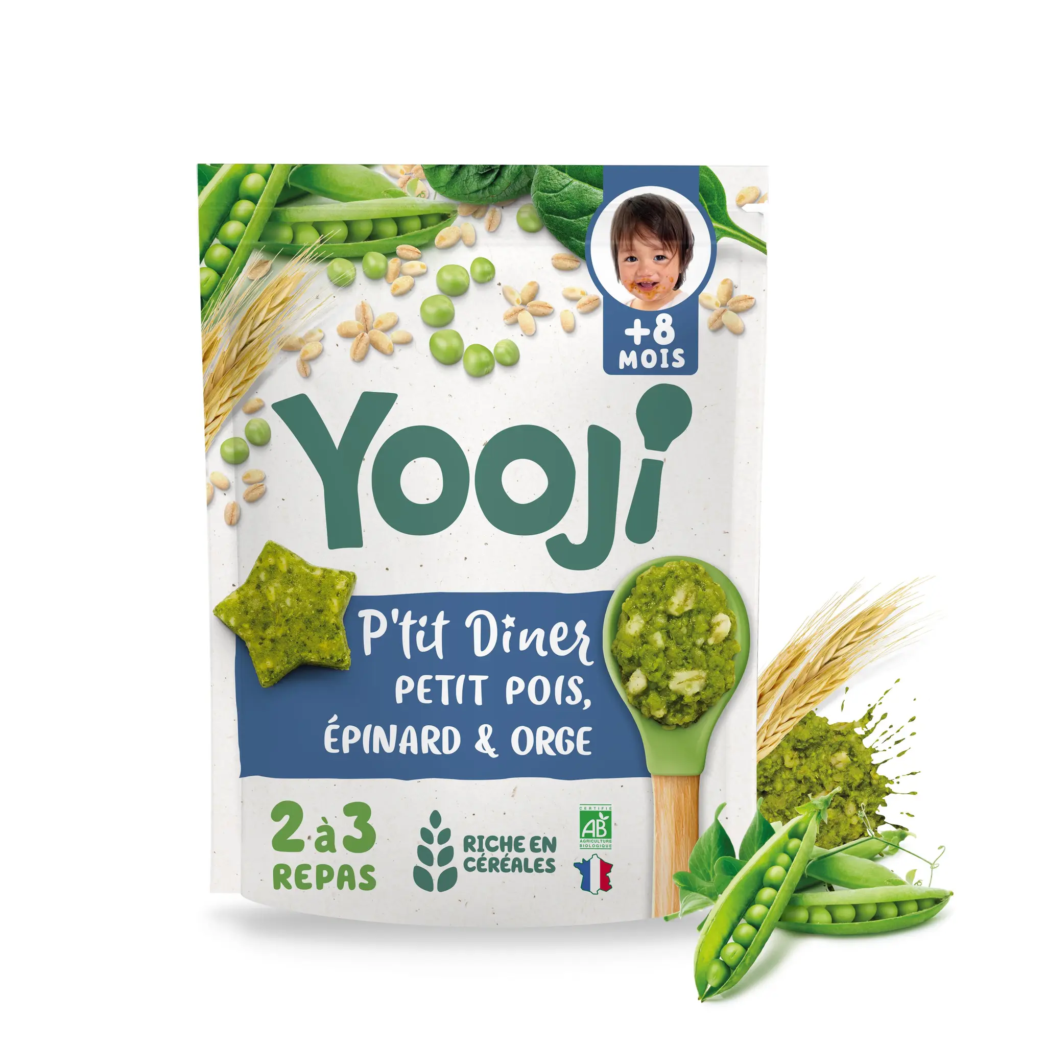 YOOJI Portions de P'tit diner Petit pois épinards et orge Bio et surgelées dès 8 mois