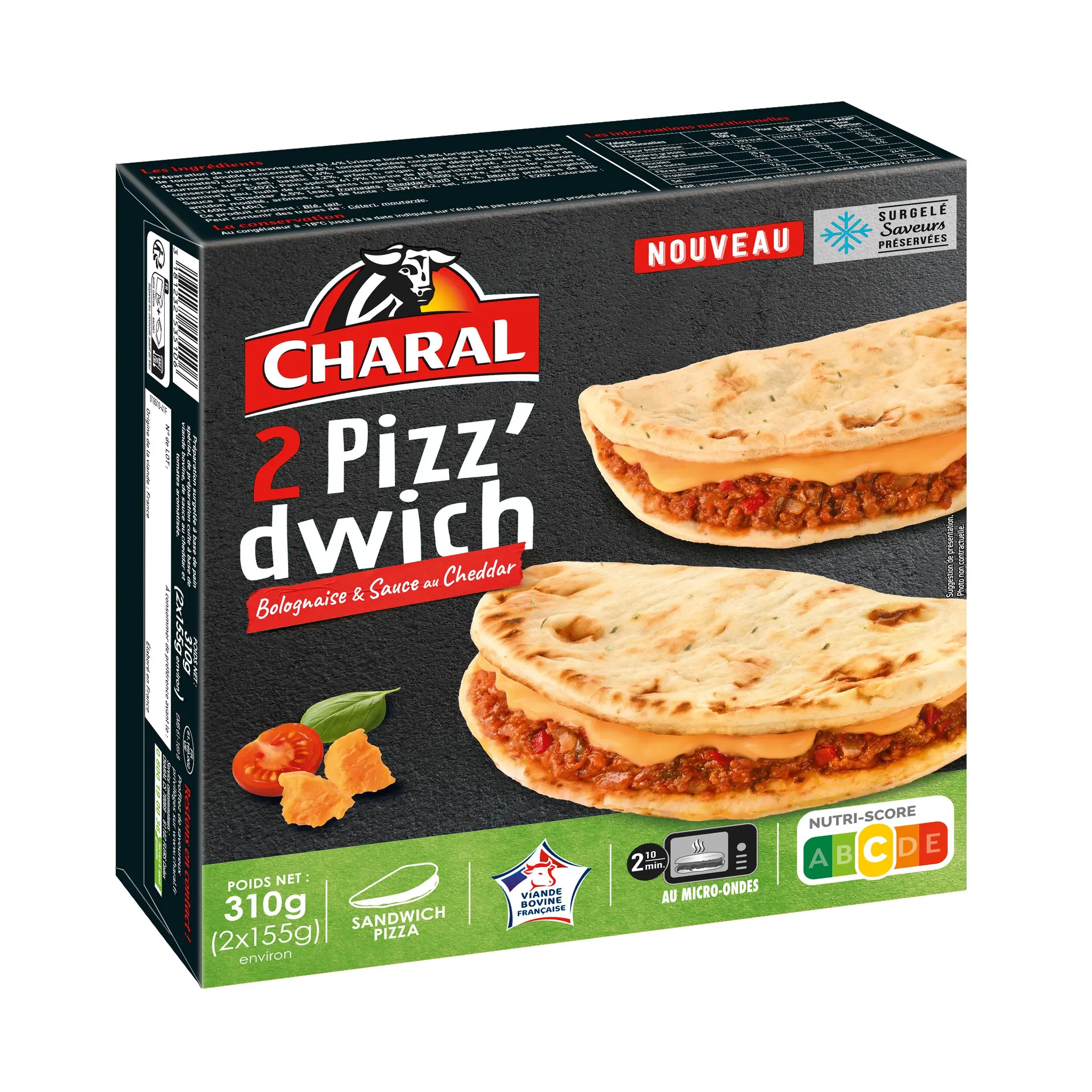 CHARAL Le pizz'dwich bolognaise sauce cheddar surgelé