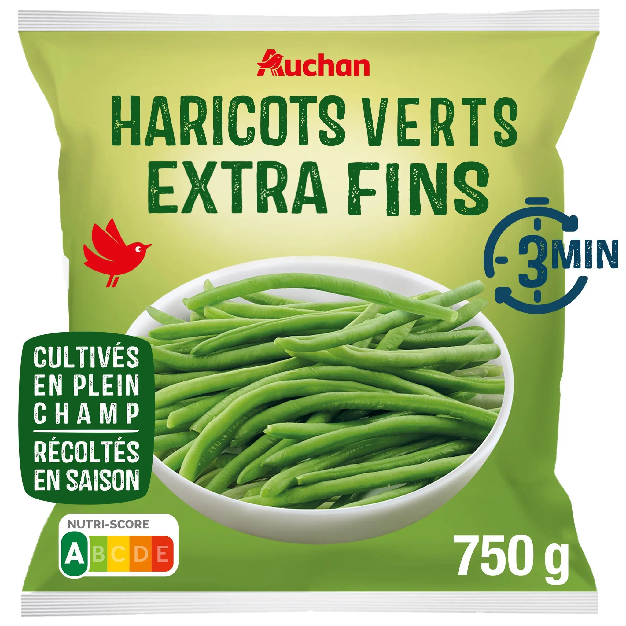 AUCHAN Haricots verts extra fins déjà cuits prêts en 3min