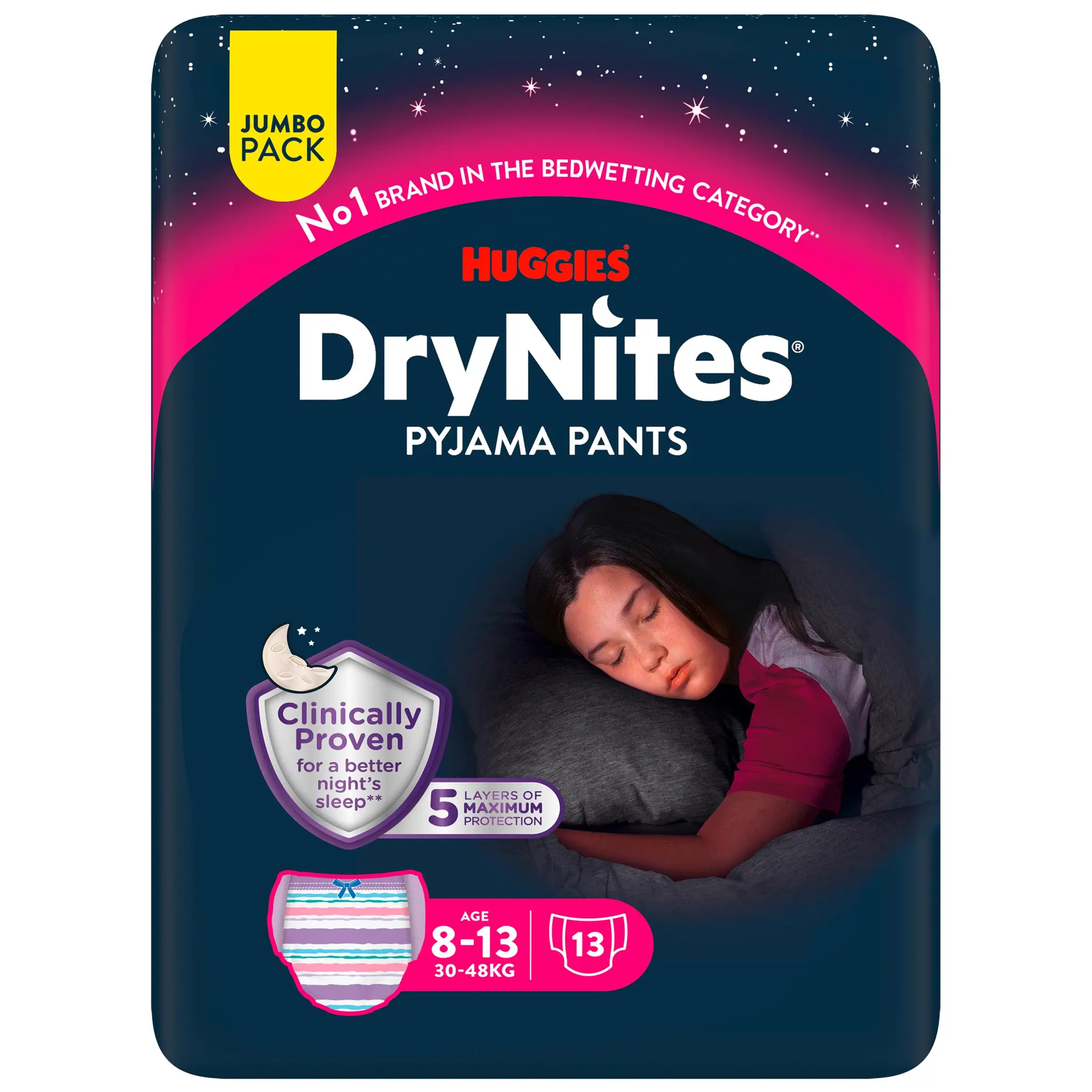HUGGIES Drynites Sous-vêtements de nuit absorbants pour filles 8-13 ans (30-48kg)