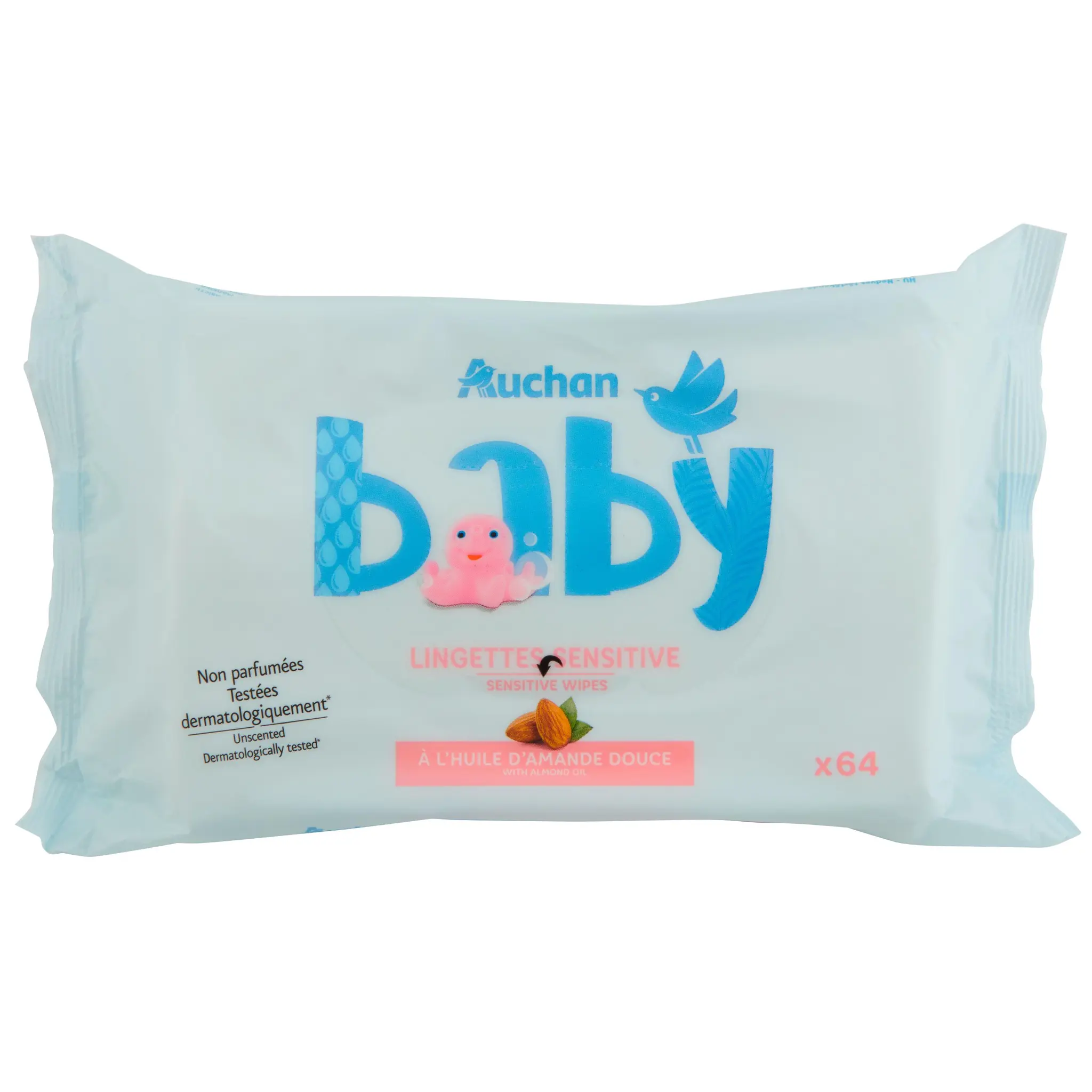 AUCHAN BABY Lingettes sensitive à l'huile d'amande douce