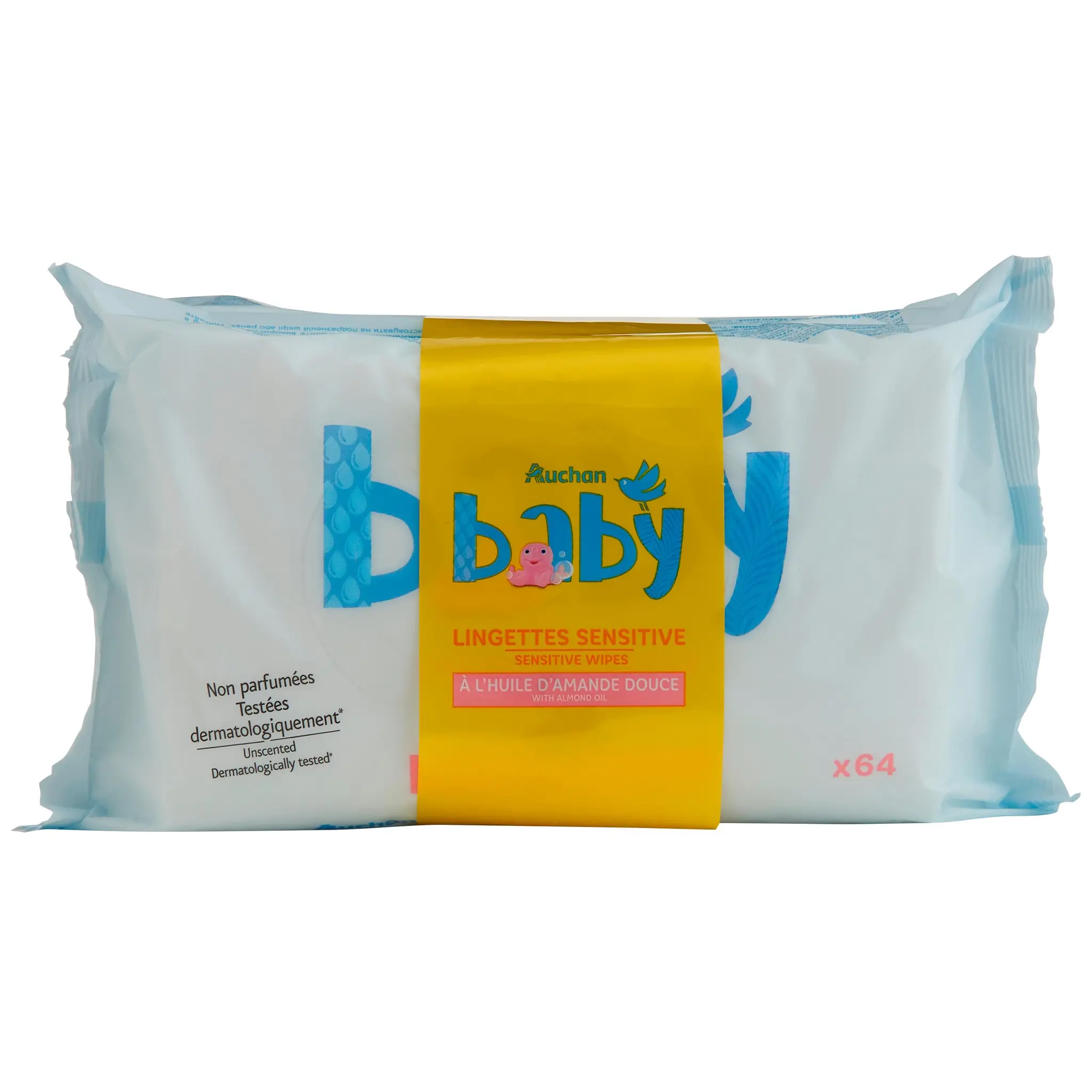AUCHAN BABY Lingettes sensitive au lait d'amande douce lot de 3