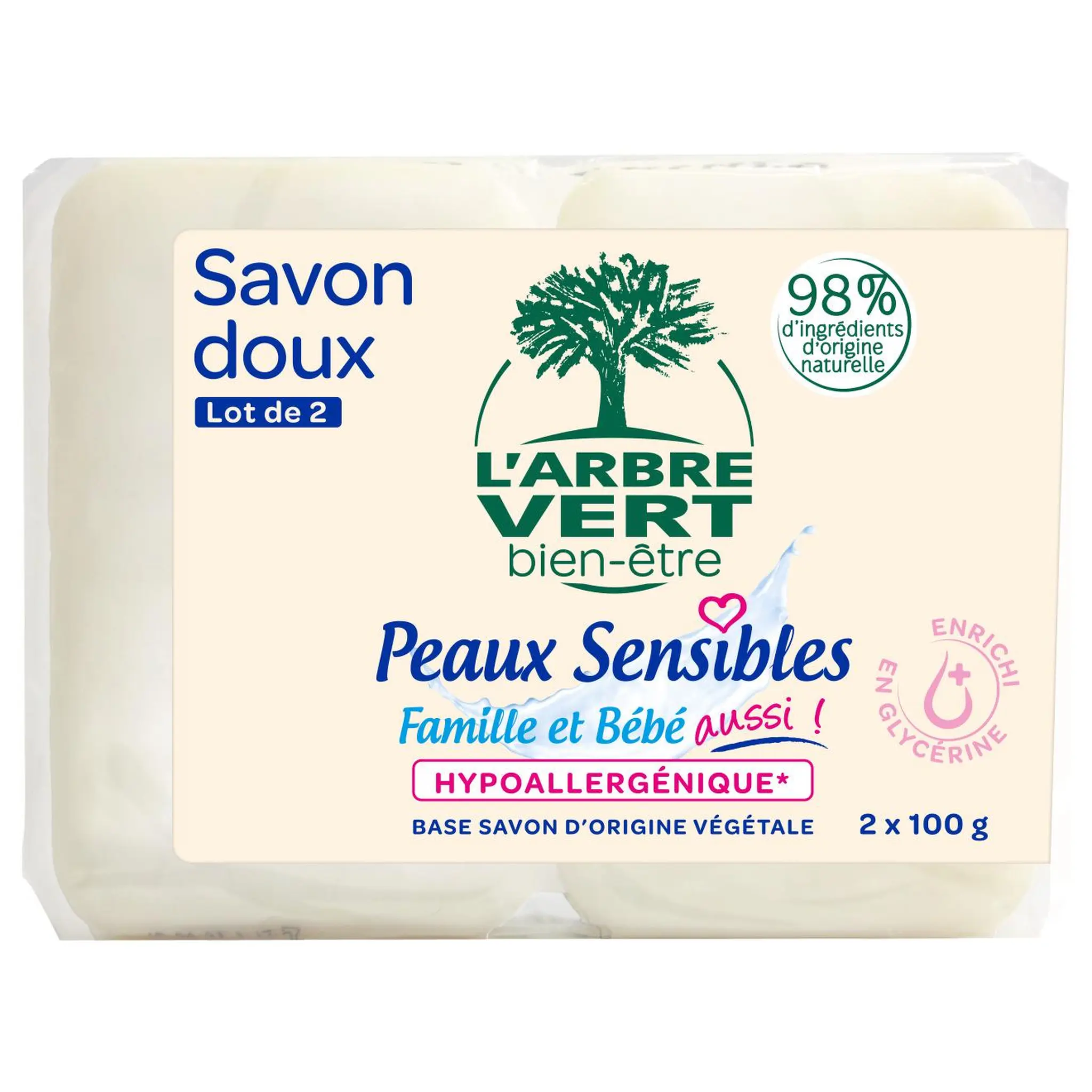 L'ARBRE VERT Savon doux peaux sensibles famille et bébé hypoallergénique enrichi en glycérine
