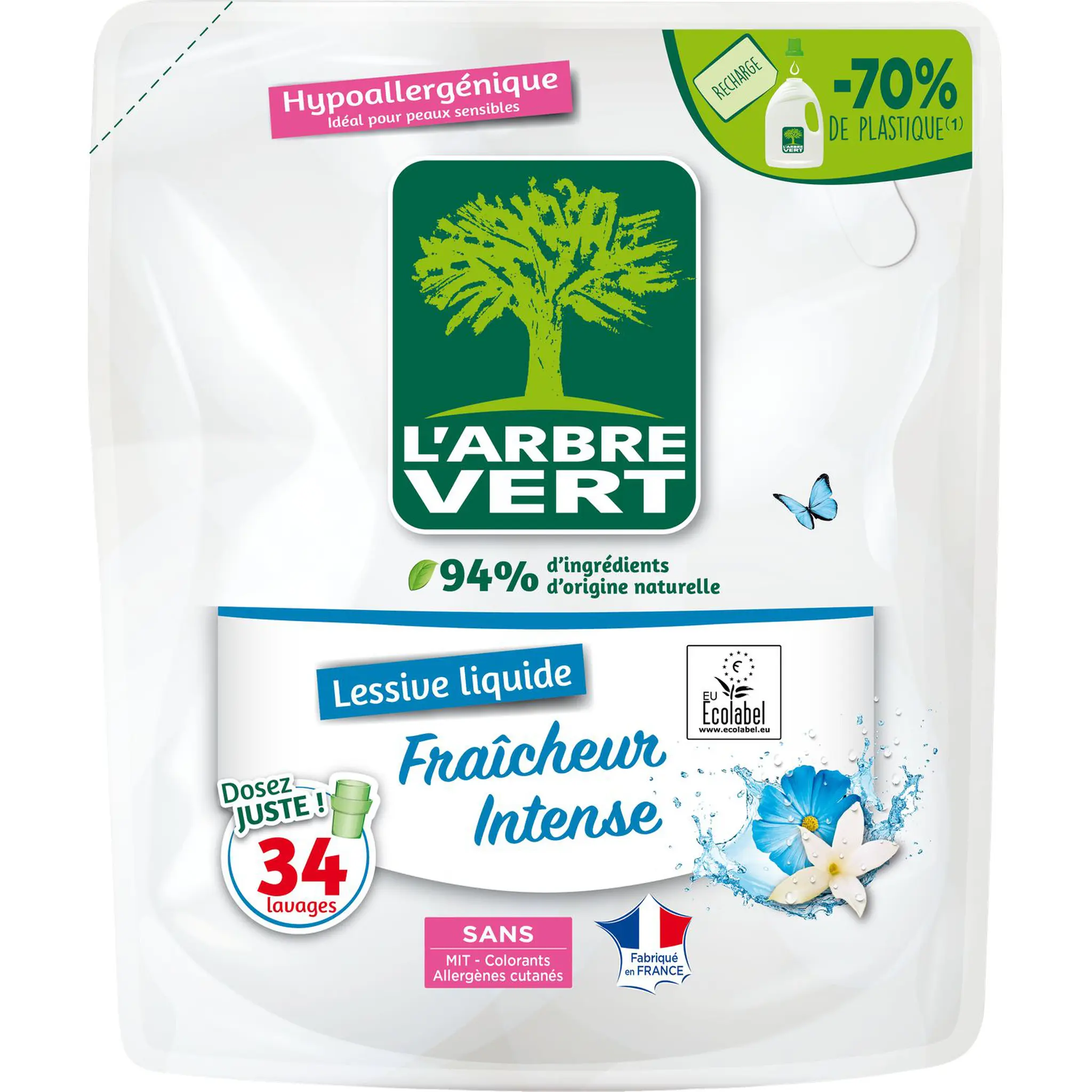 L'ARBRE VERT Recharge lessive liquide fraîcheur intense hypoallergénique