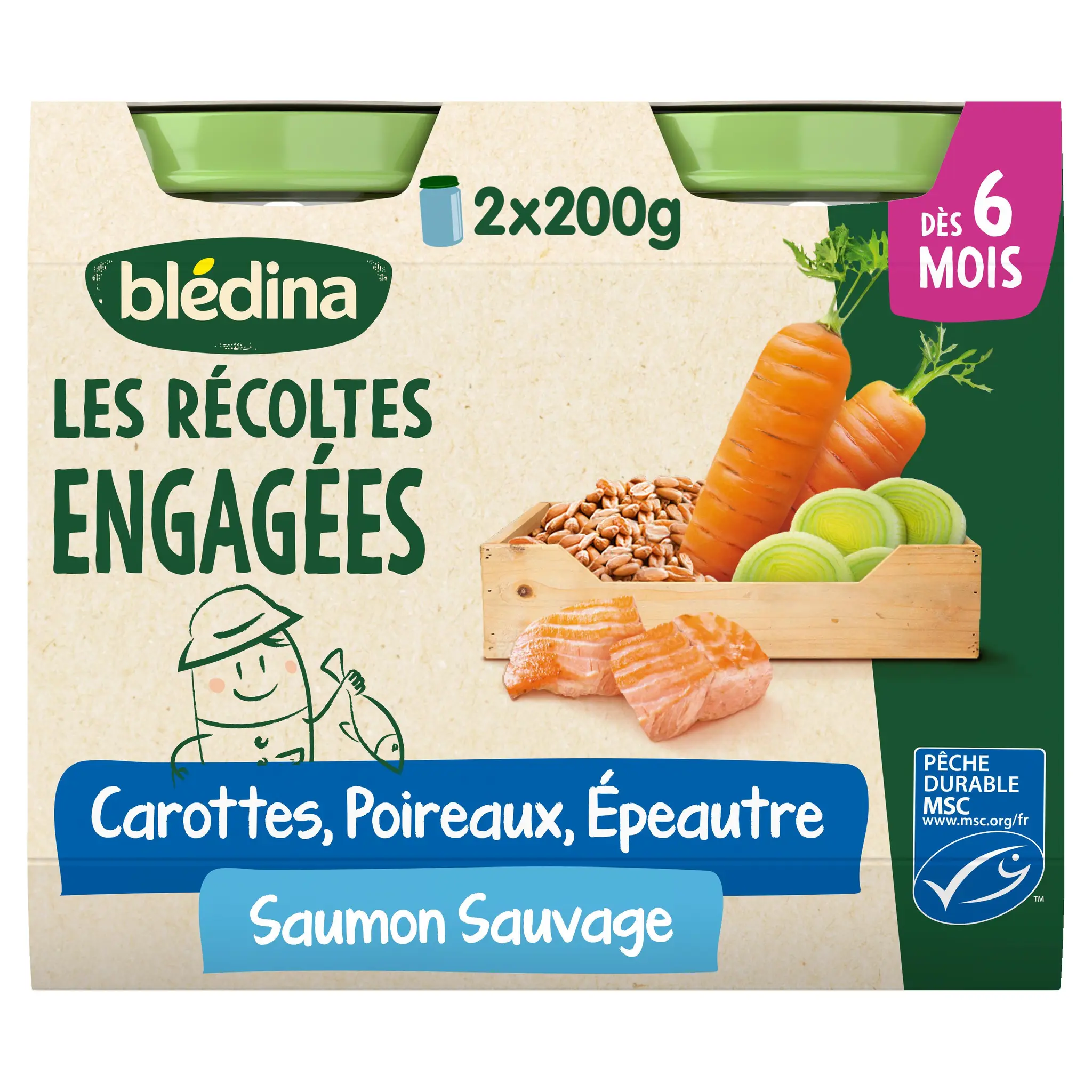BLEDINA Les Récoltes Engagées Petit pot carottes poireaux épeautre saumon sauvage MSC dès 6 mois
