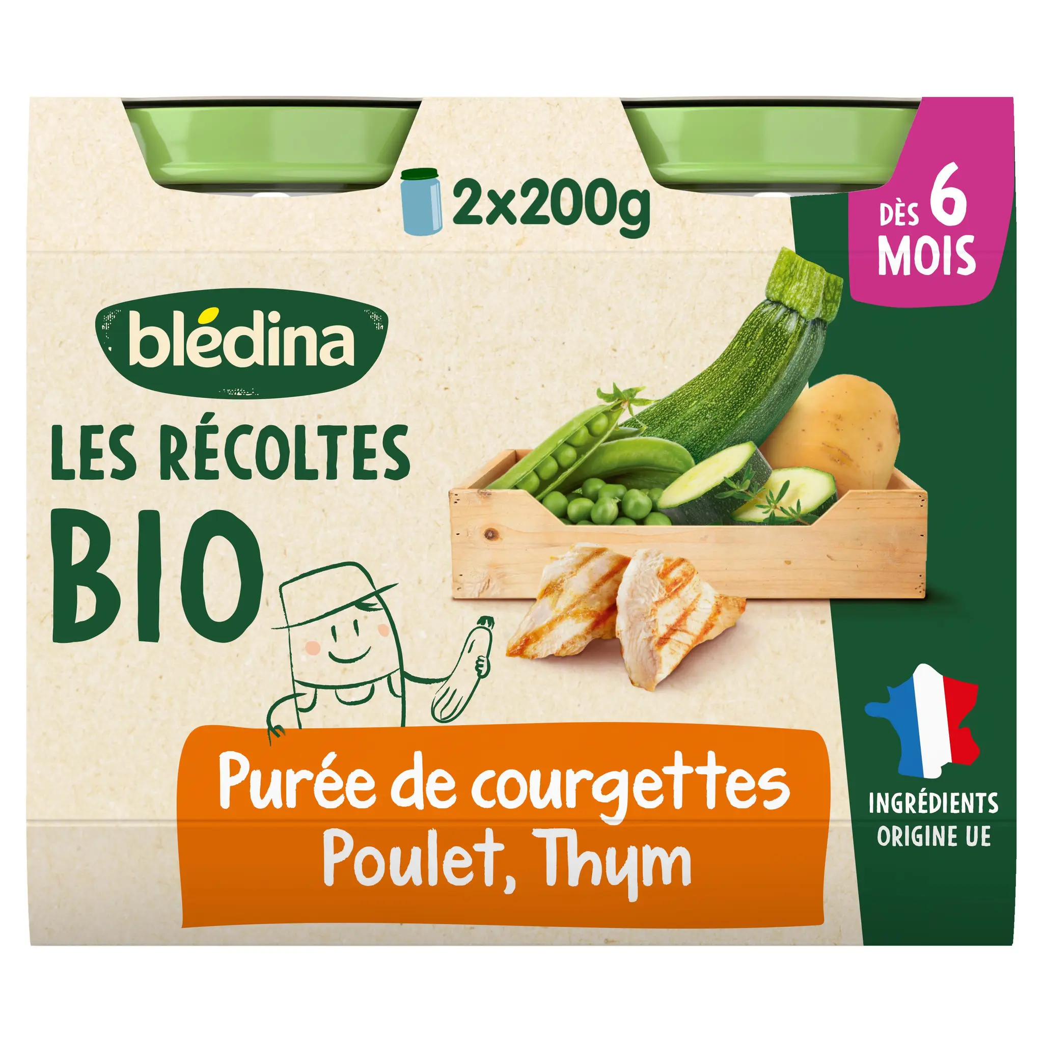 BLEDINA Les récoltes bio petit pot purée de courgettes poulet fermier thym bio dès 6 mois