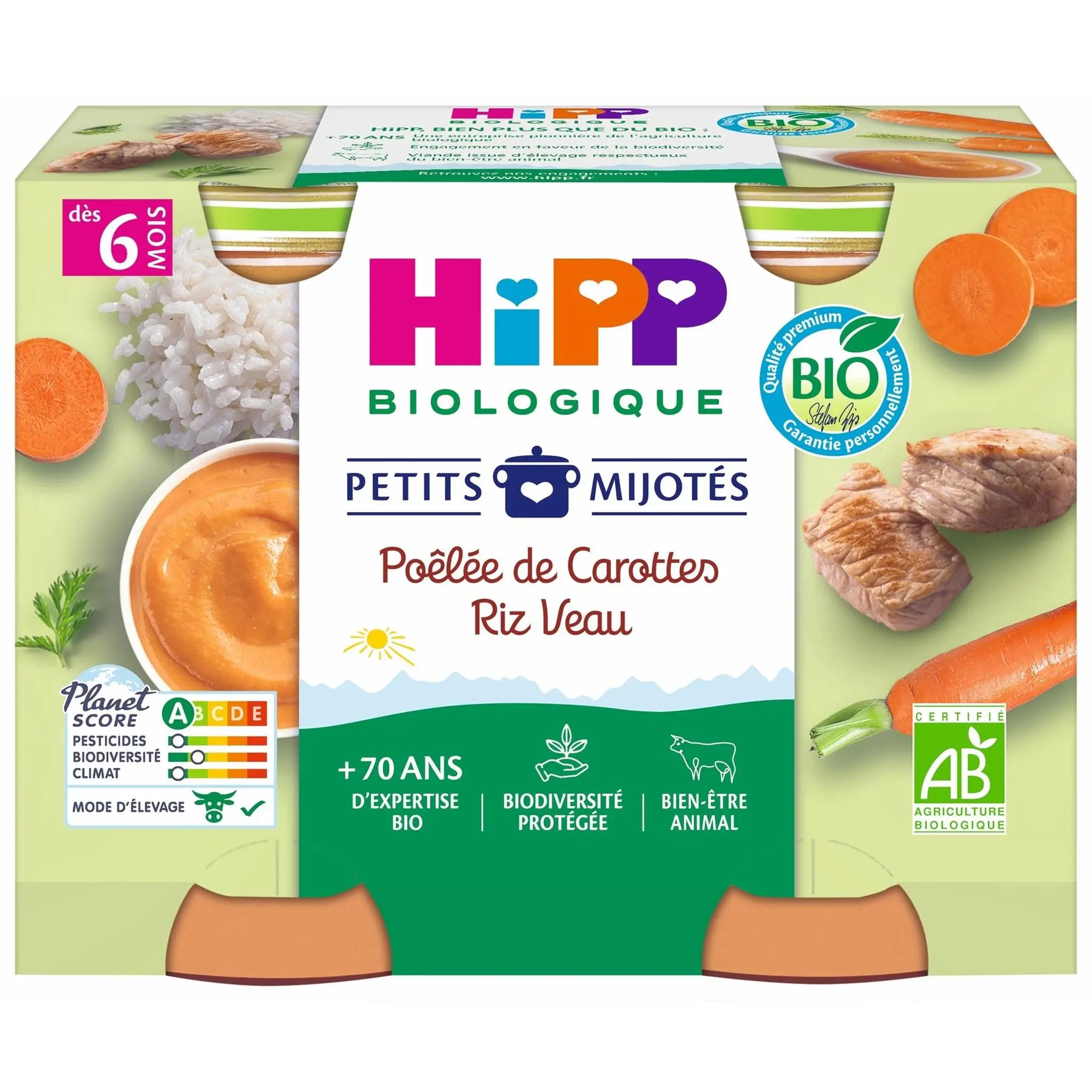 HIPP Petits mijotés petit pot poêlée de carottes riz veau bio dès 6 mois