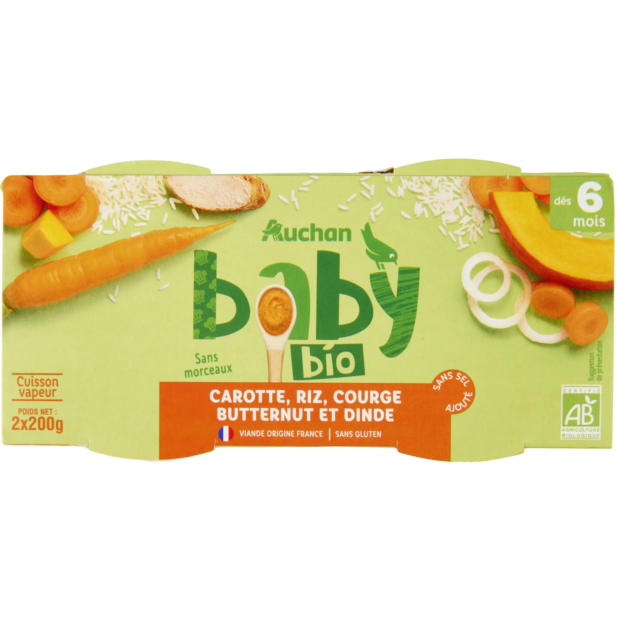 AUCHAN BABY BIO Bol carottes, riz courge butternut et dinde bio dès 6 mois
