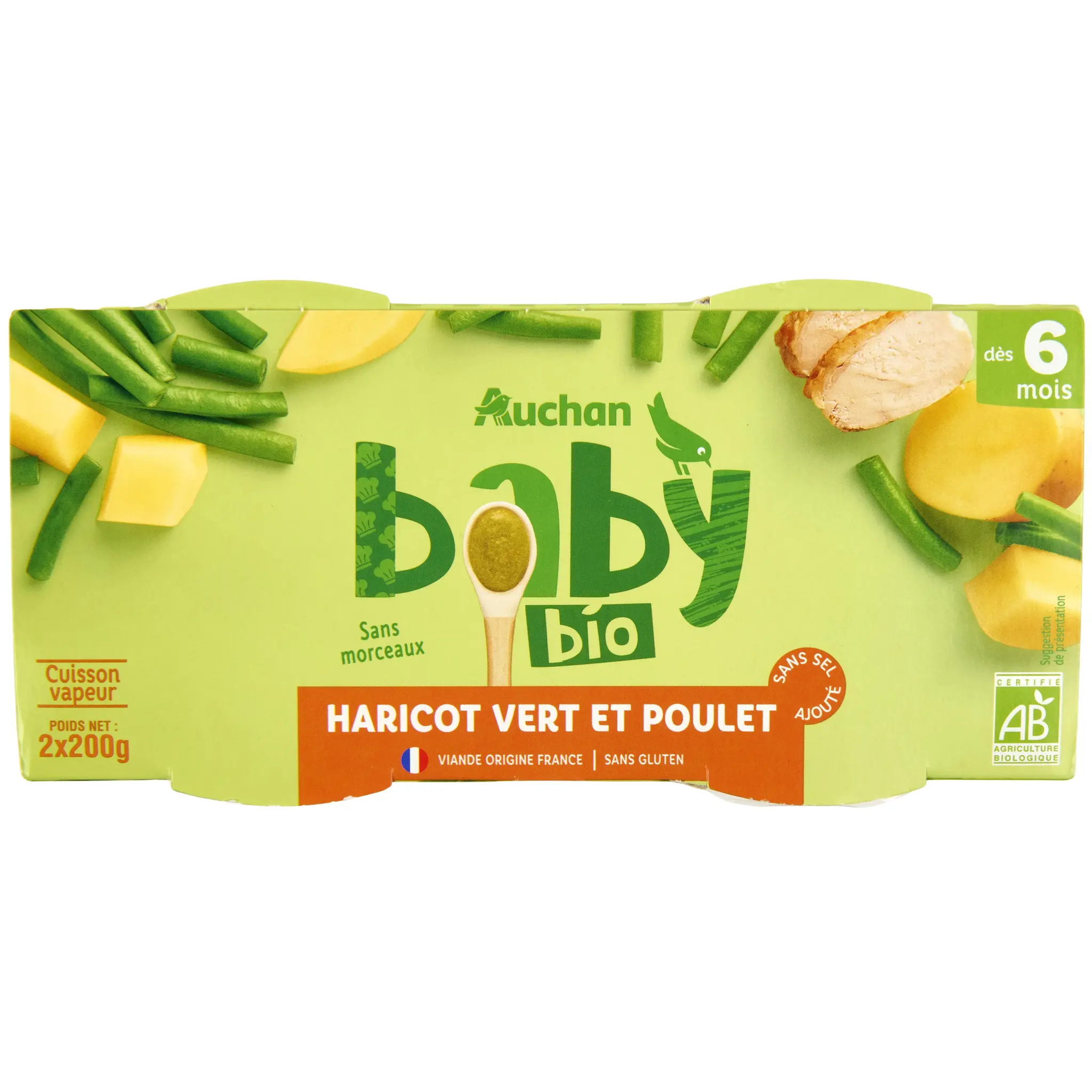 AUCHAN BABY BIO Bol haricots verts et poulet bio dès 6 mois