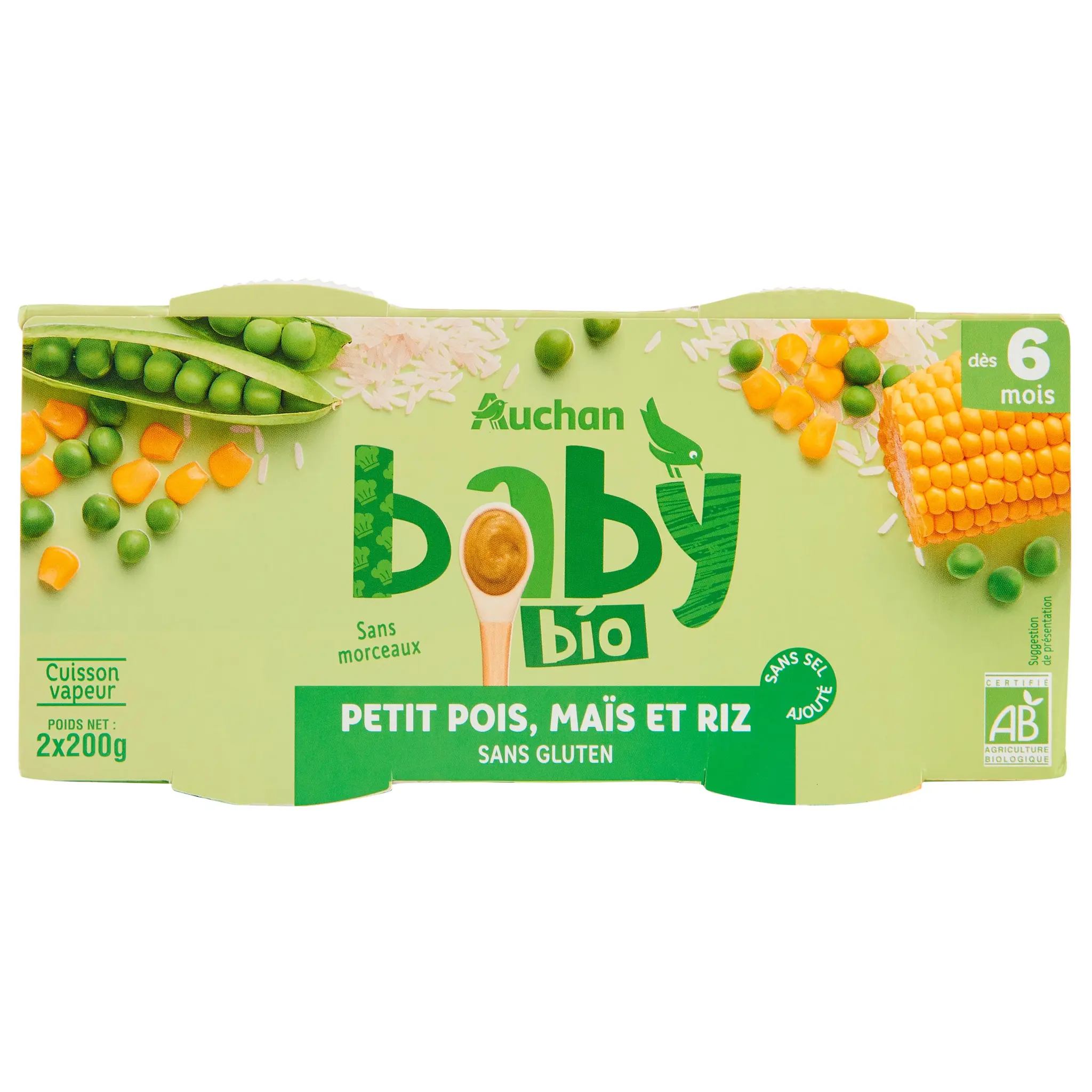 AUCHAN BABY BIO Bol petits pois maïs et riz bio dès 6 mois