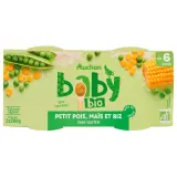 AUCHAN BABY BIO Bol petits pois maïs et riz bio dès 6 mois