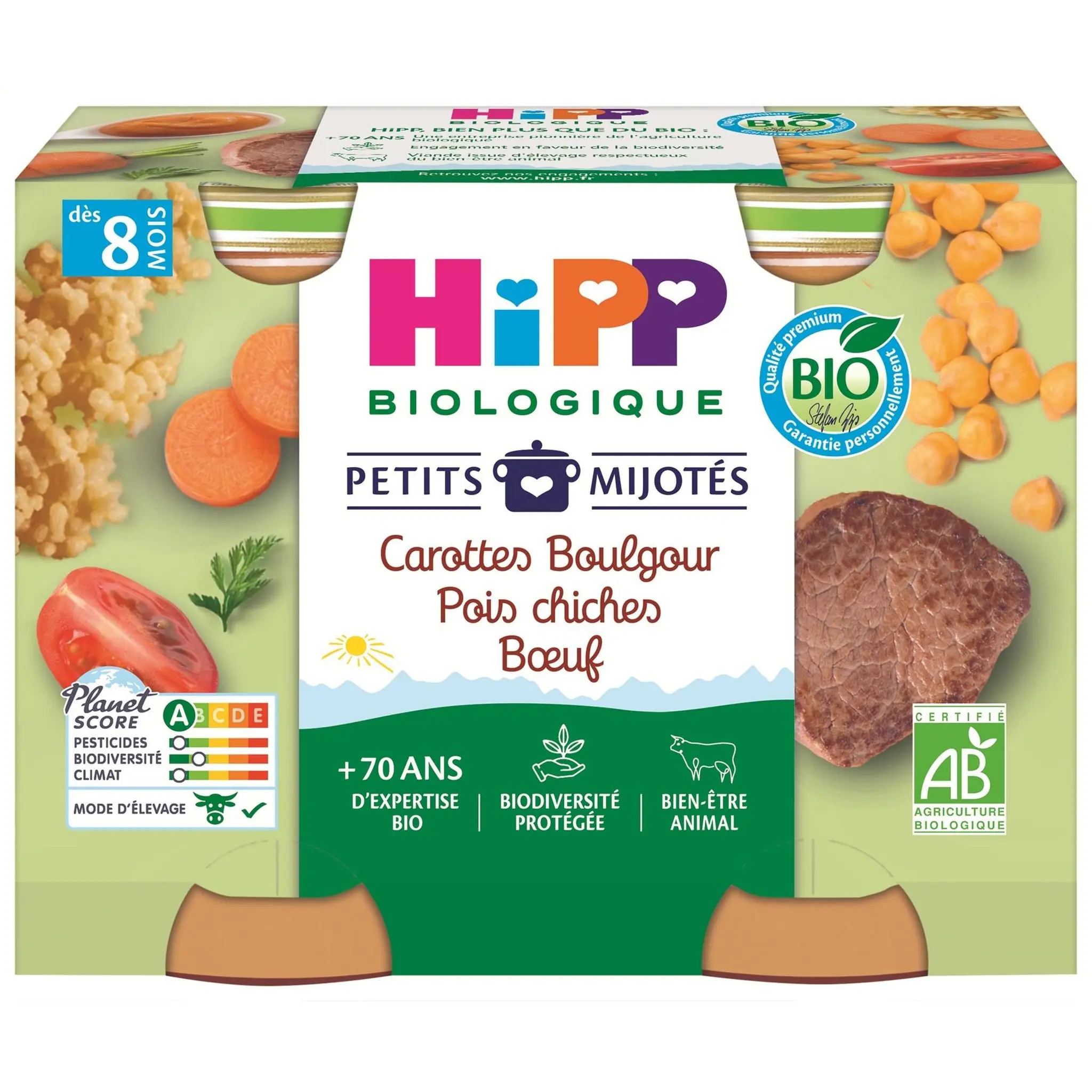 HIPP Petits mijotés petit pot carottes boulgour pois chiches boeuf bio dès 8 mois