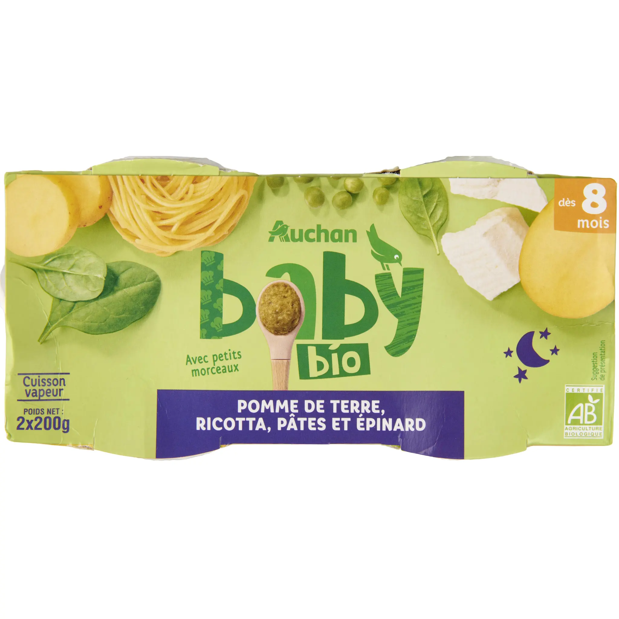 AUCHAN BABY BIO Bol pomme de terre ricotta pâtes et épinards dès 8 mois