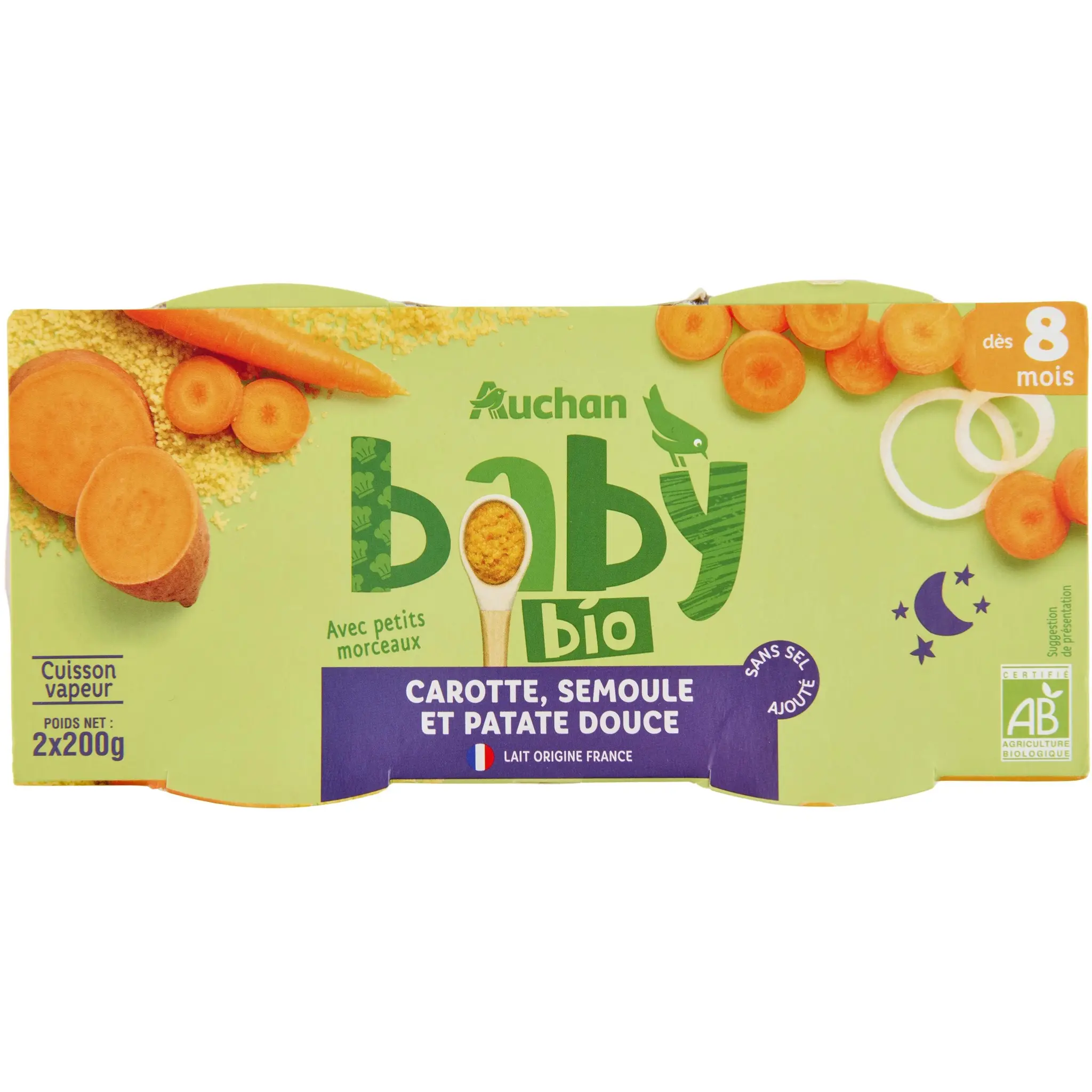 AUCHAN BABY BIO Bol carotte semoule patate douce bio dès 8 mois