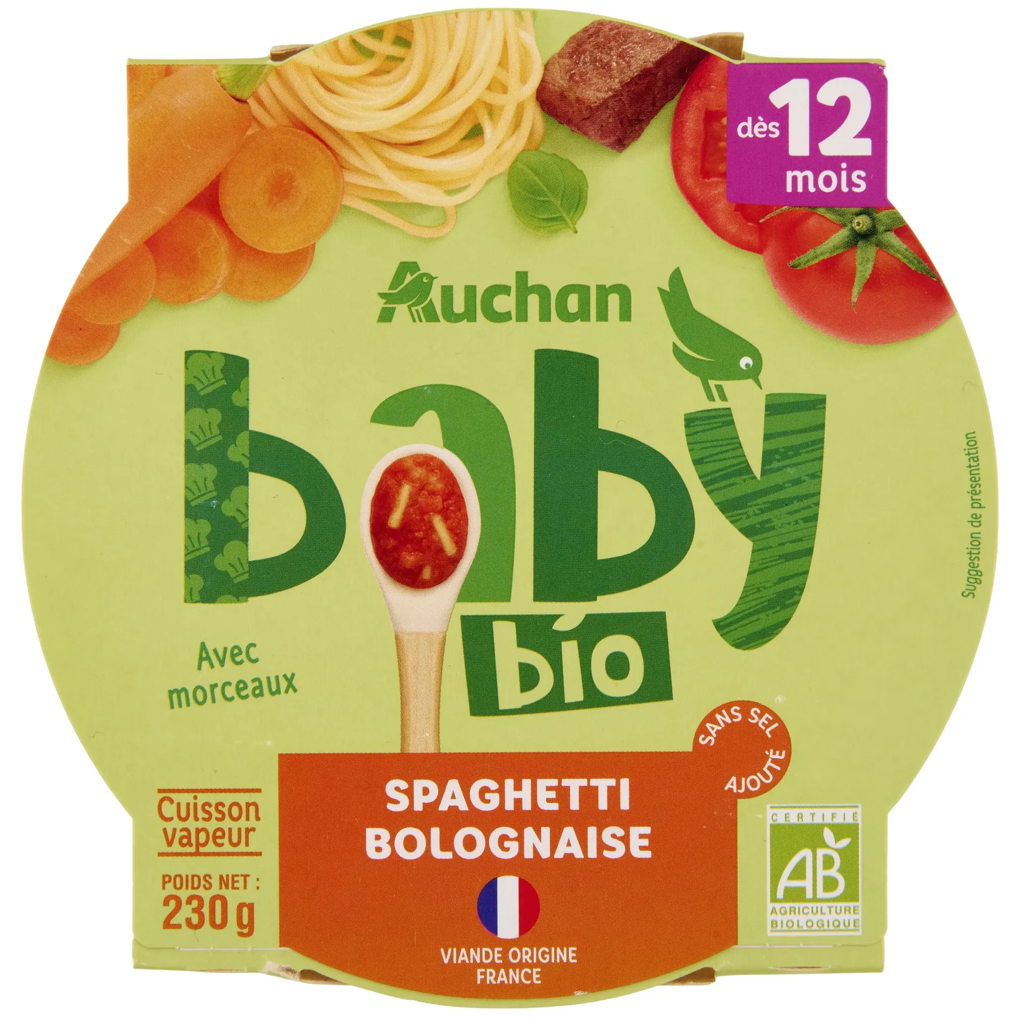 AUCHAN BABY BIO Assiette spaghetti bolognaise dès 12 mois